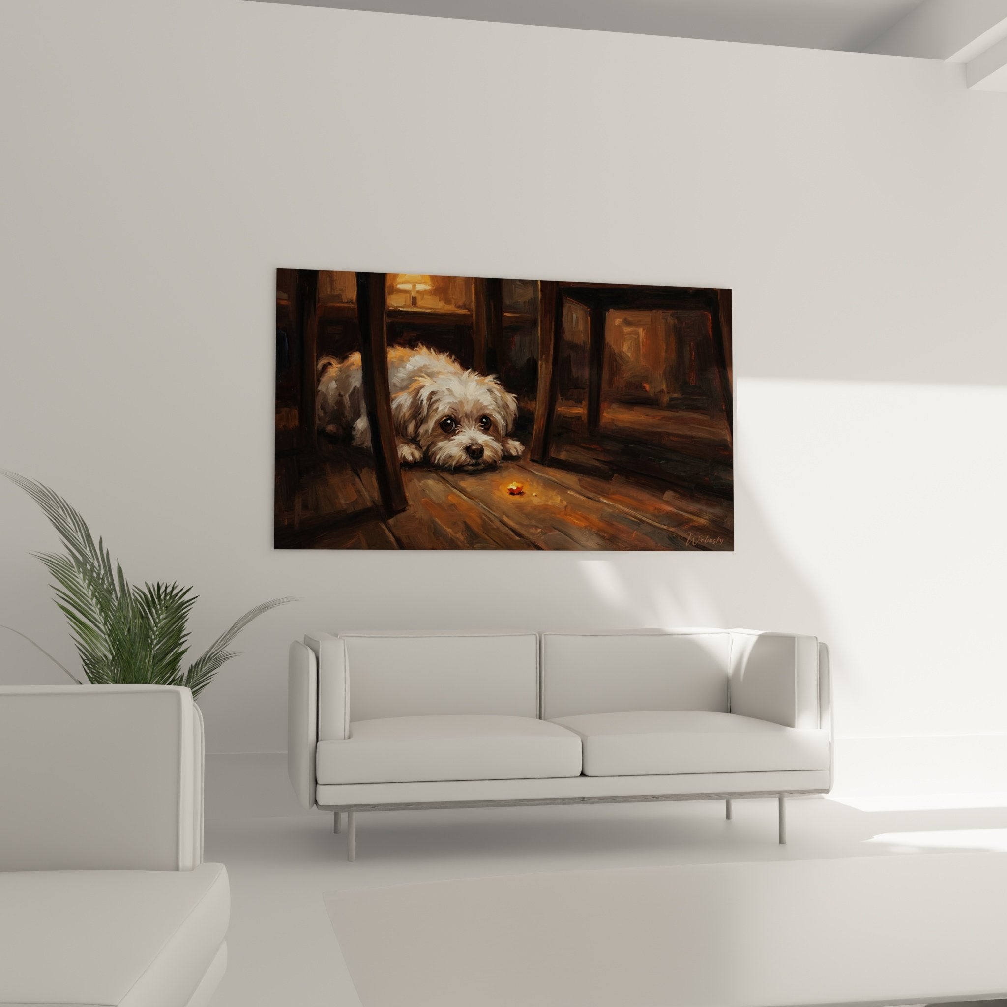 Détail tableau Bichon Maltais pelage soyeux yeux noirs expressifs technique picturale textures lumière dorée tamisée
