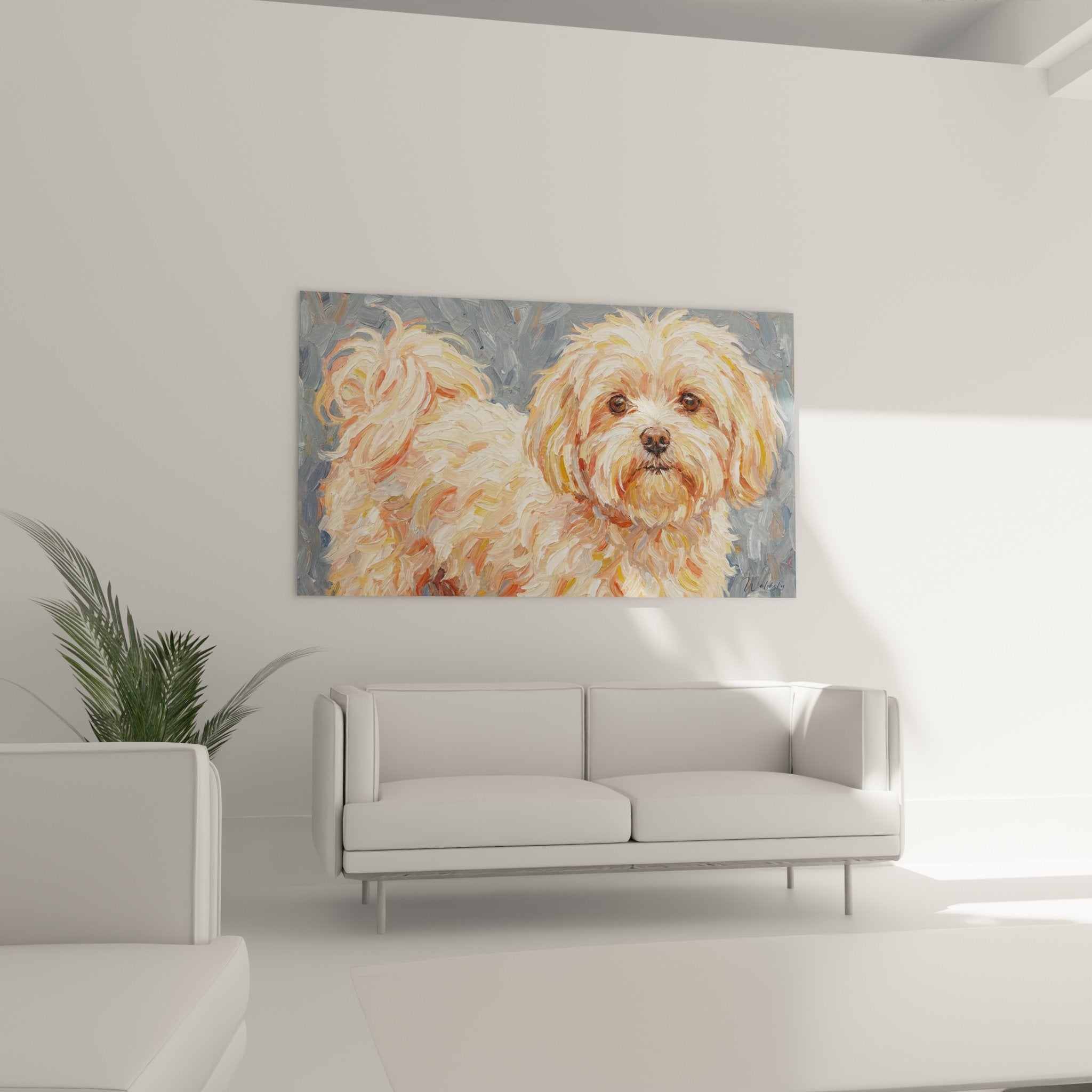 Détail portrait Bichon Maltais, regard mélancolique et pelage aux reflets dorés, technique picturale