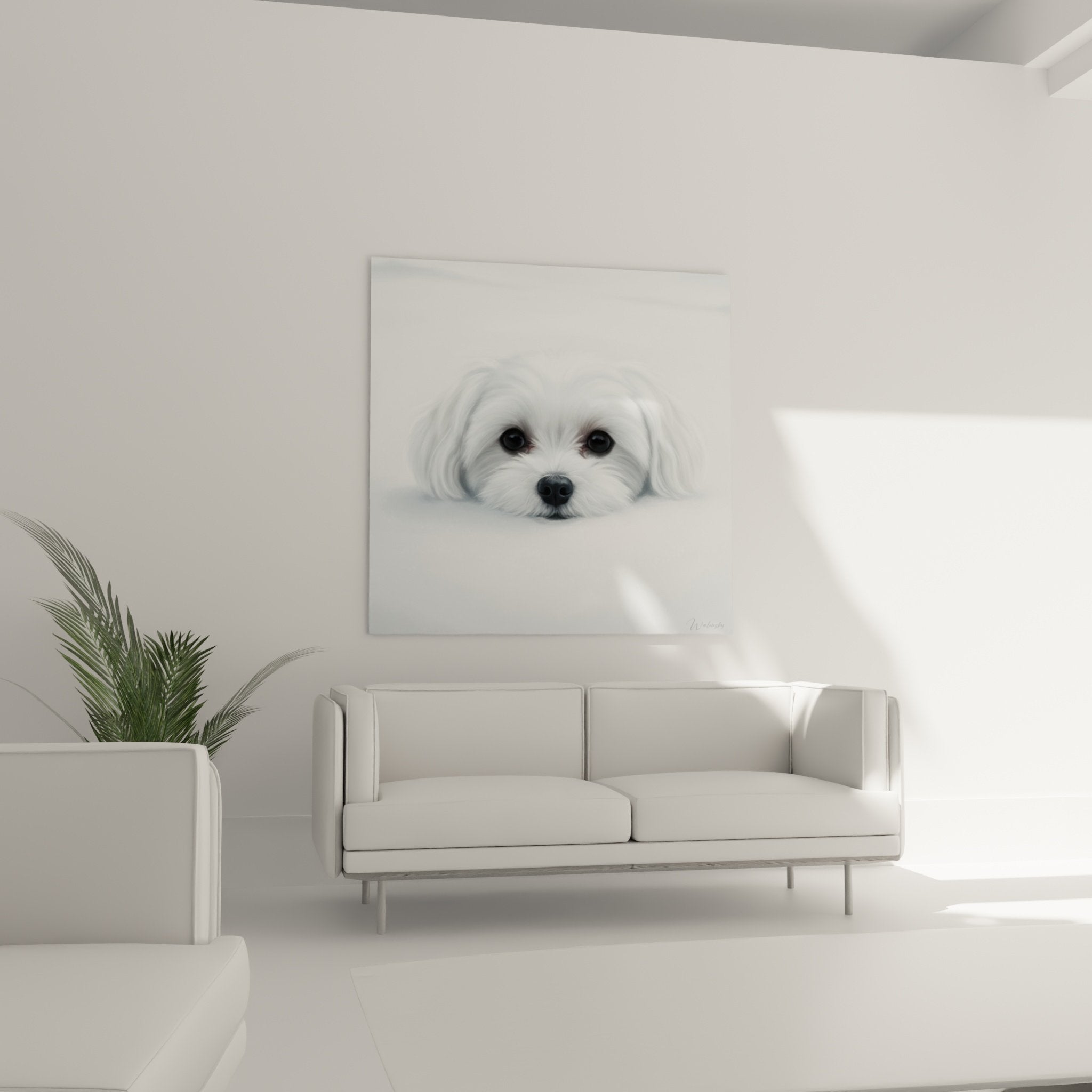 detail portrait white maltese bichon fluffy cottony coat dark expressive eyes hazy pictorial technique