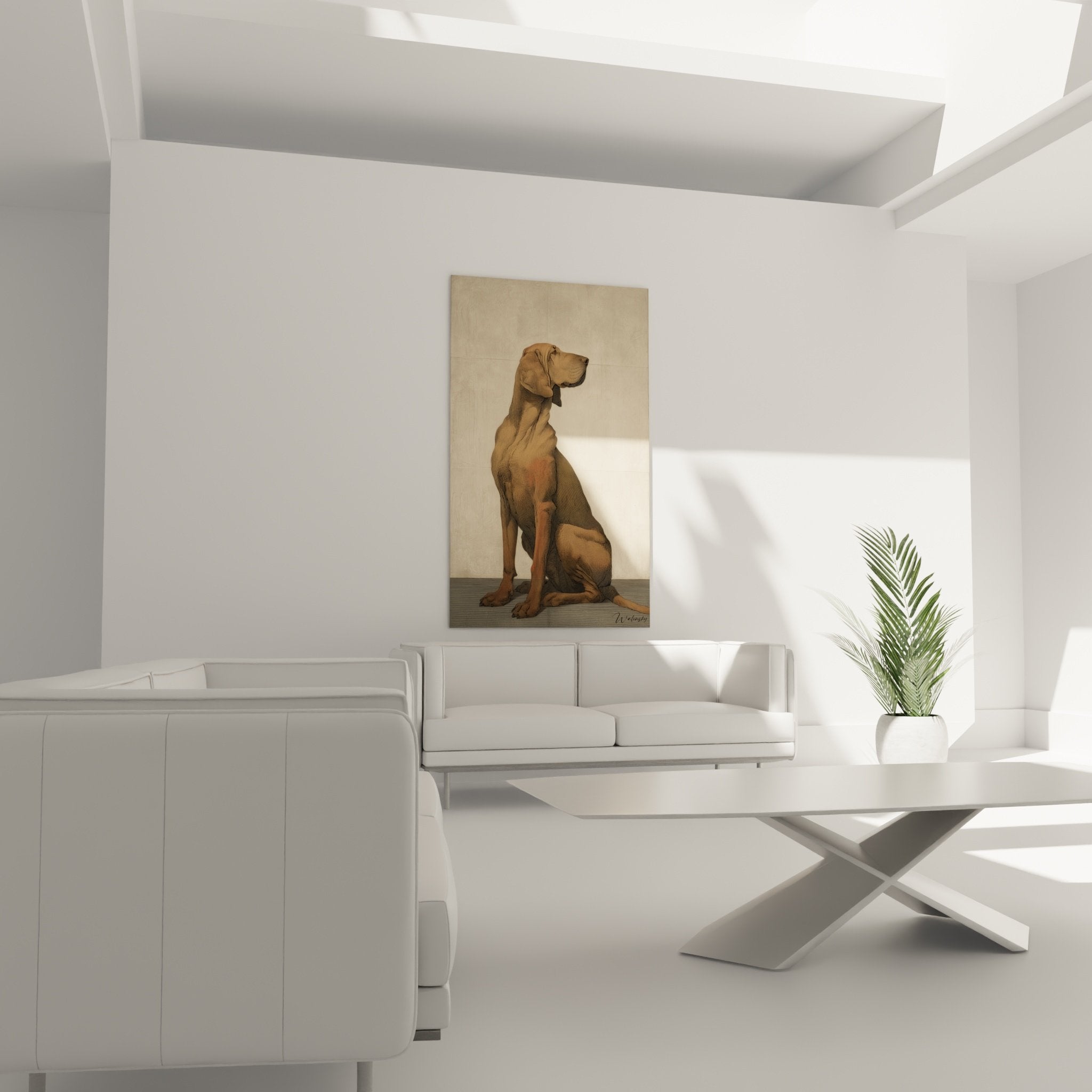 Détail portrait Bloodhound pelage fauve oreilles tombantes technique gravure art animalier raffiné