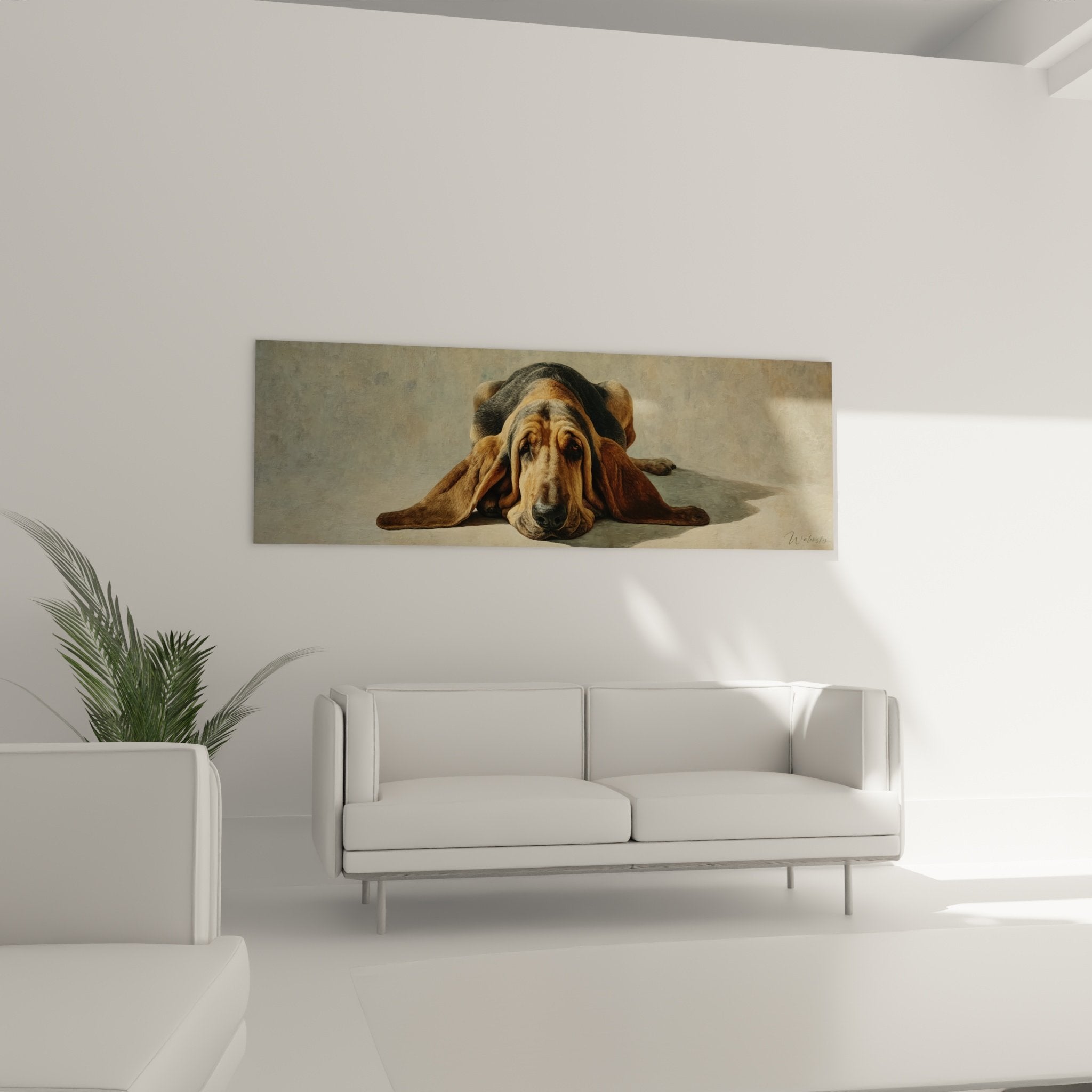 Détail tableau Bloodhound, focus sur le regard mélancolique et les tons chauds du pelage ocre et cuivré