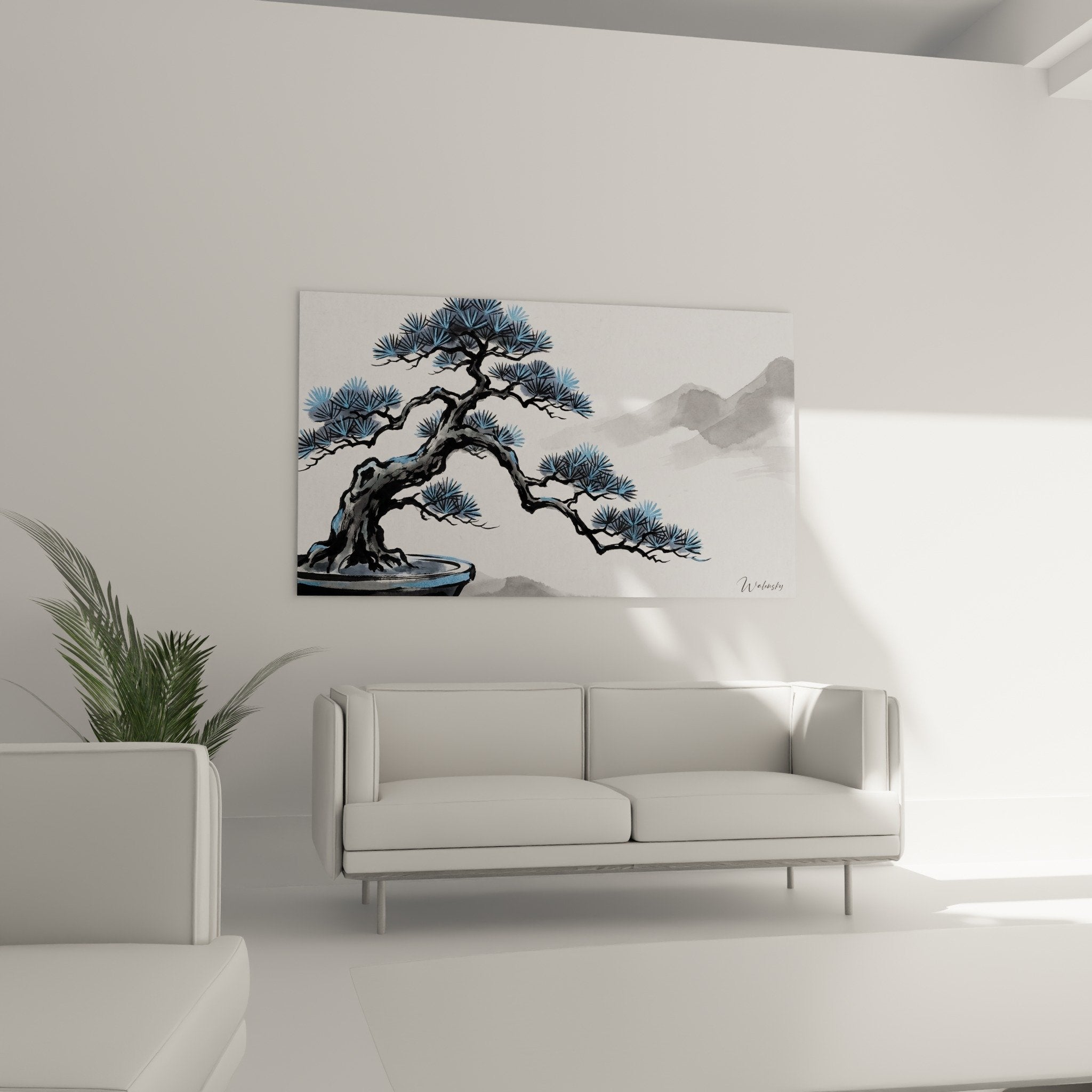 Detail of bonsai wall art with azure blue needles and gray trunk, contemplative Japanese art