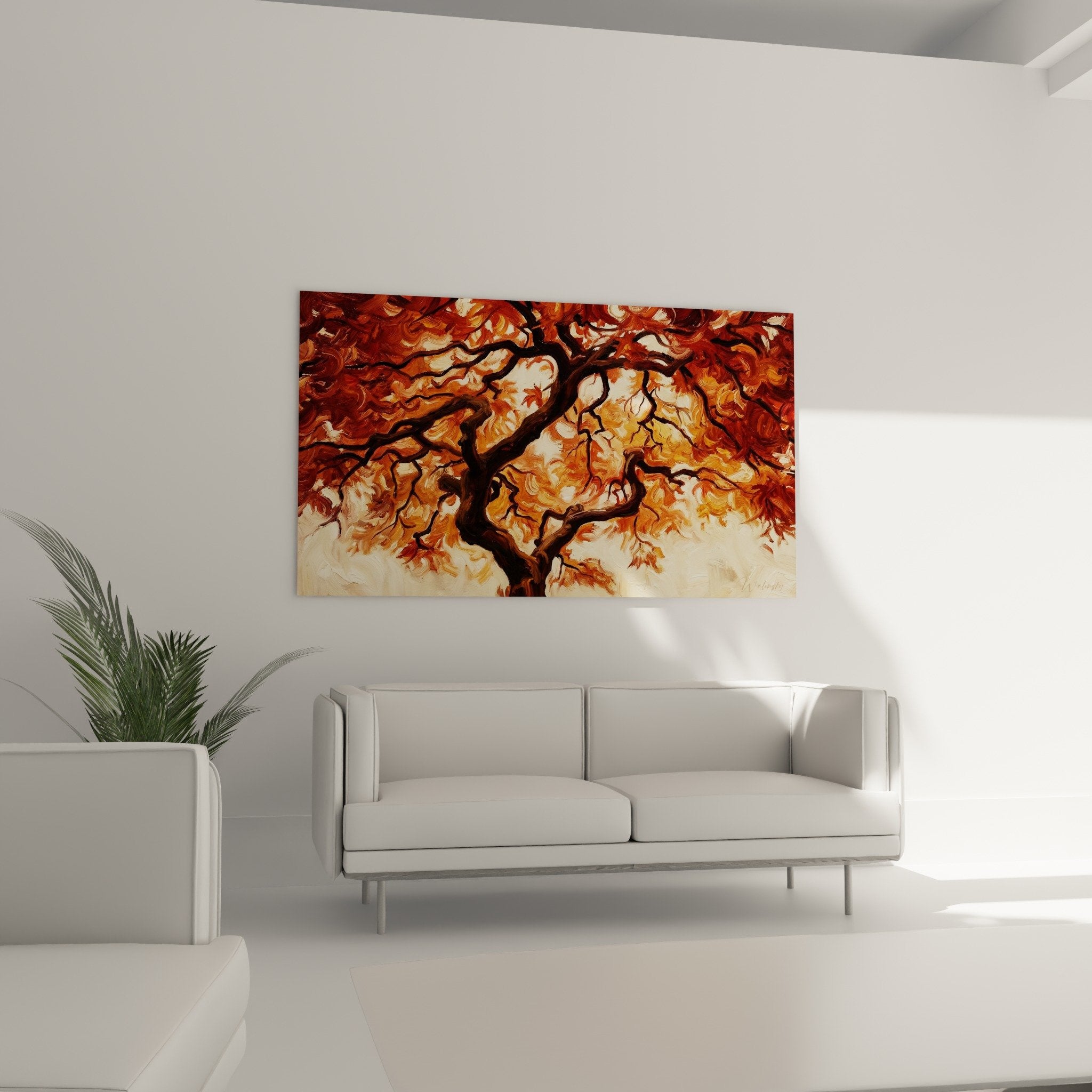 Bonsai painting detail swirling brush strokes orange red black branches