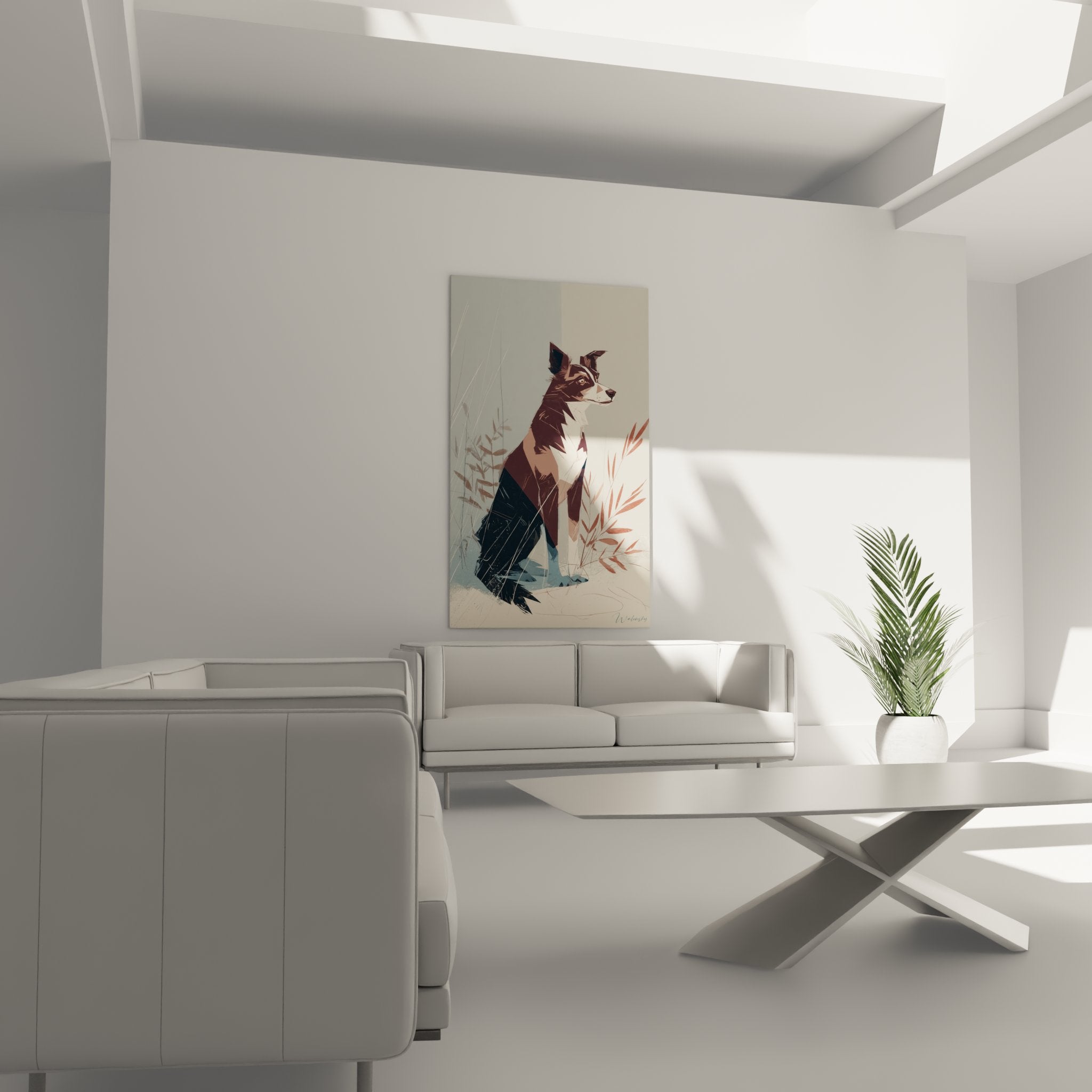 Detail Border Collie dreifarbig blaues Halsband, künstlerische Technik Farbflächen braun weiß schwarz