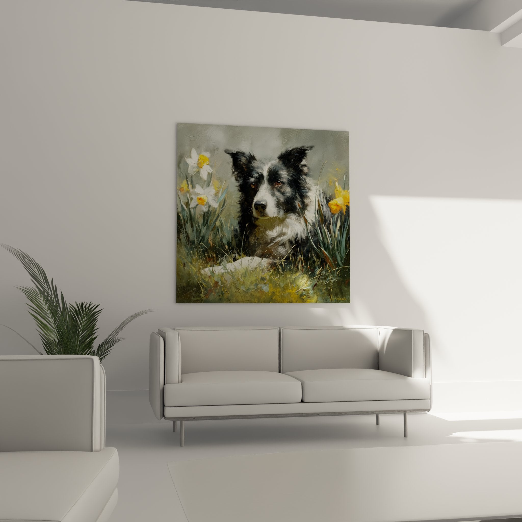 Nahaufnahme Border-Collie-Gemälde mit ausdrucksstarkem Blick, Detail bernsteinfarbener Augen und schwarz-weißem Fell