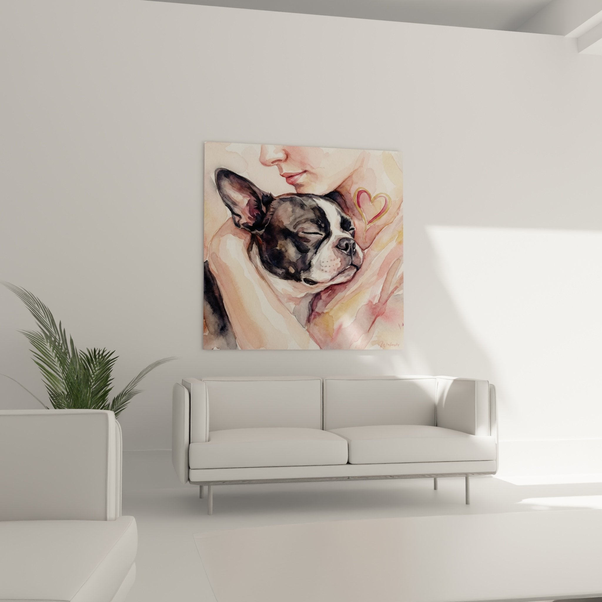 Détail aquarelle Boston Terrier endormi dans bras protecteurs, technique coulures délicates roses