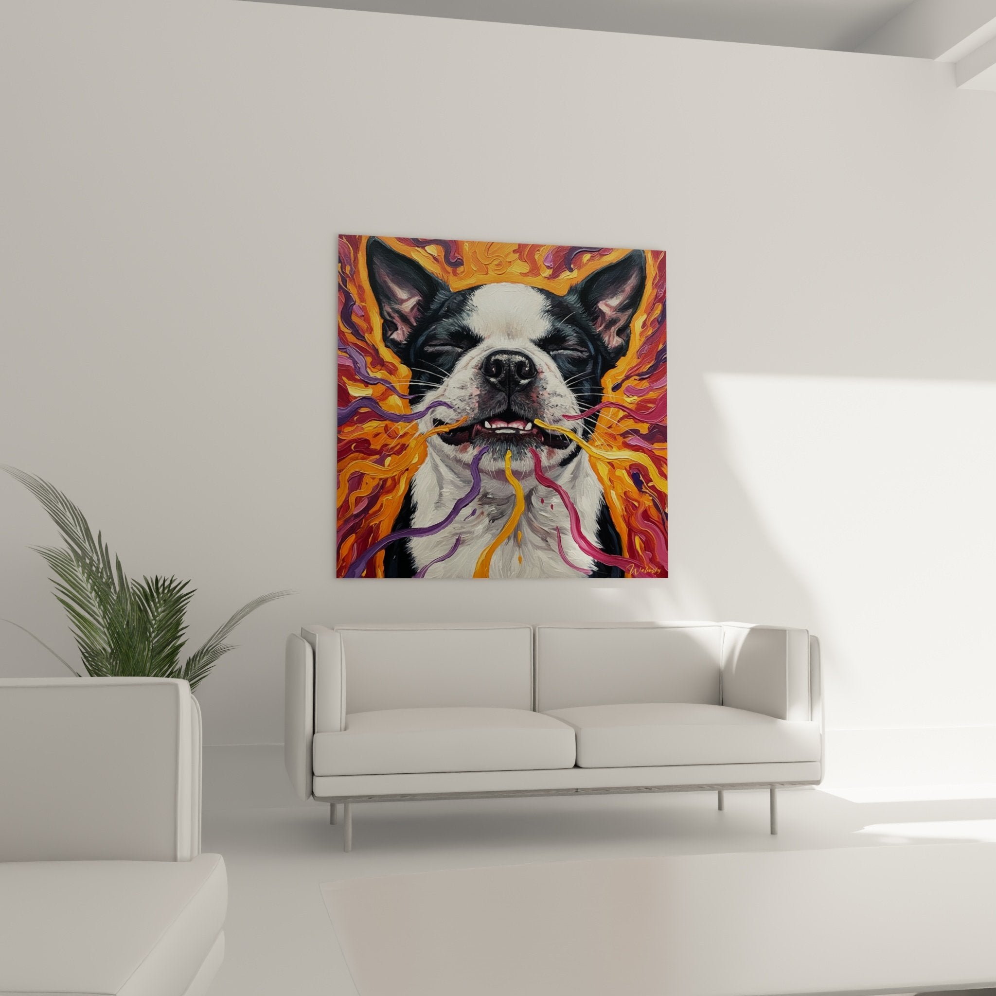 Détail tableau Boston Terrier serein coulures violettes orangées sortant de sa gueule art surréaliste flammes