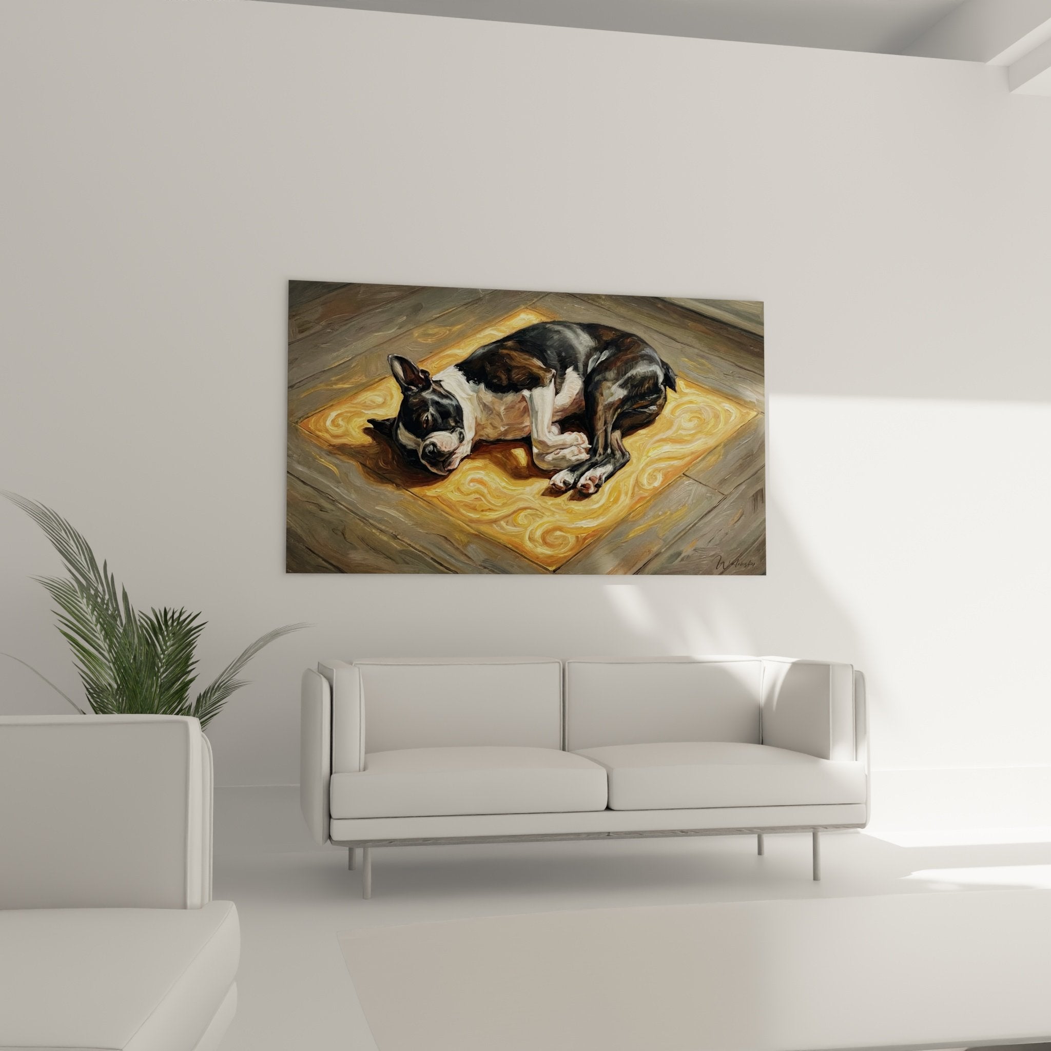 Détail peinture Boston Terrier noir et blanc lové sur couverture aux spirales dorées, coups de pinceau expressifs