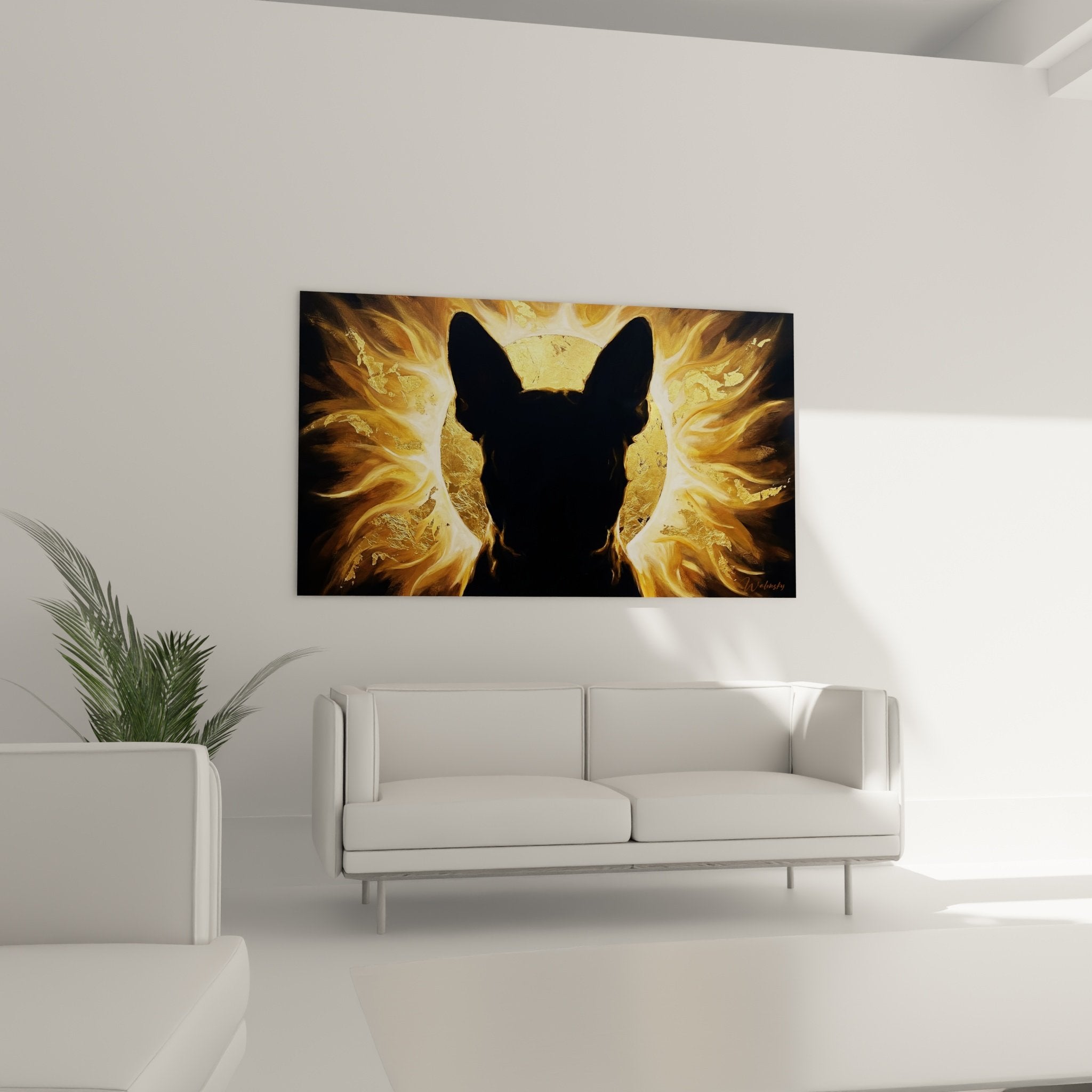 detail tableau boston terrier textures dorees flammes tourbillons art mural contemporain finitions