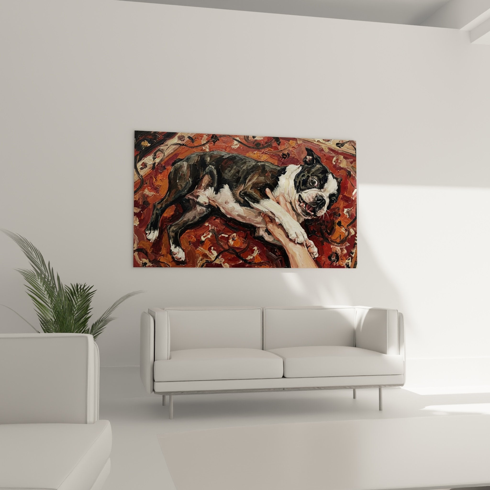 Détail peinture Boston Terrier noir et blanc sur tapis rouge, technique empâtement visible, art figuratif