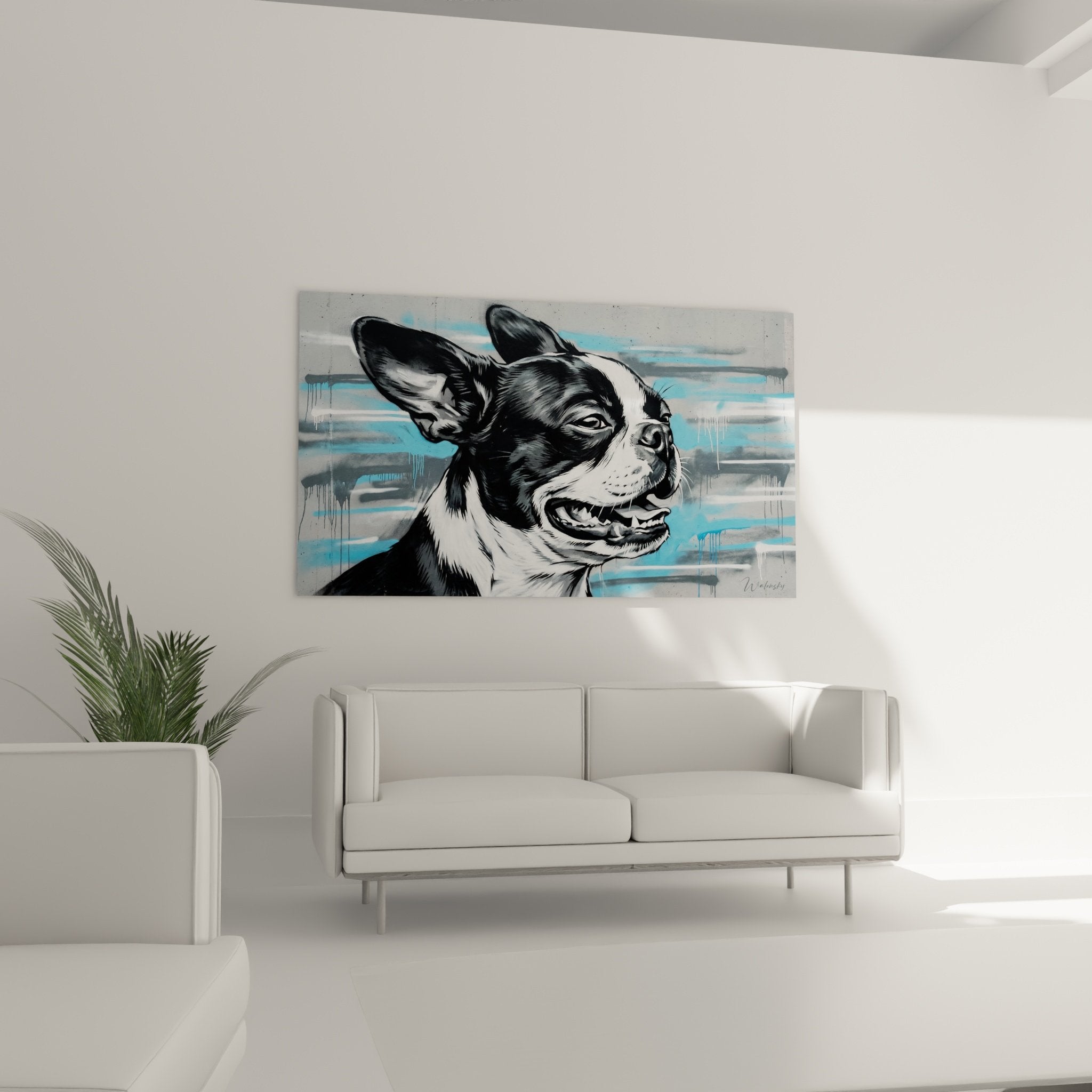 Detail portrait Boston Terrier pelage noir marques blanches regard vif coulees peinture bleue technique artistique