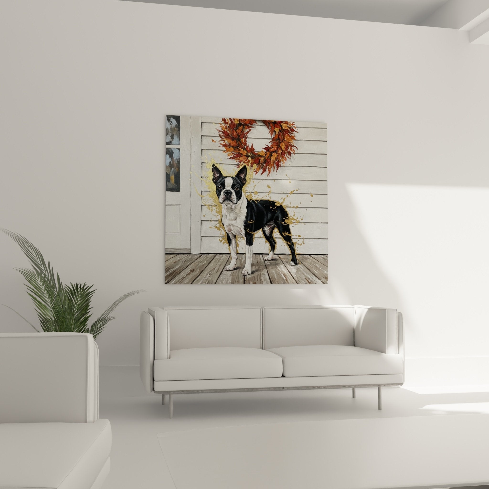 Detail Boston Terrier noir blanc sur toile avec projections dorees et feuilles automne cuivrees