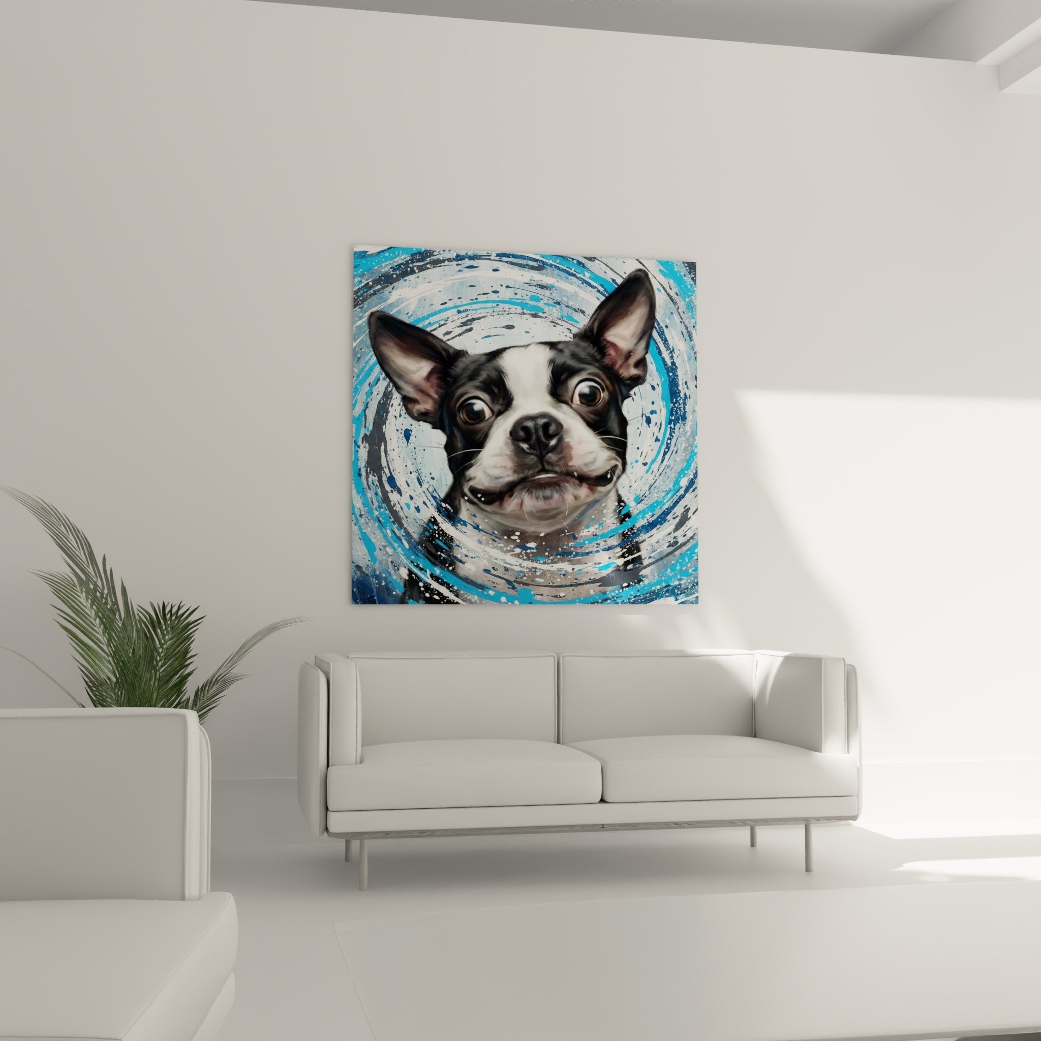 Detail portrait Boston Terrier yeux bruns expressifs pelage noir blanc eclaboussures peinture bleue