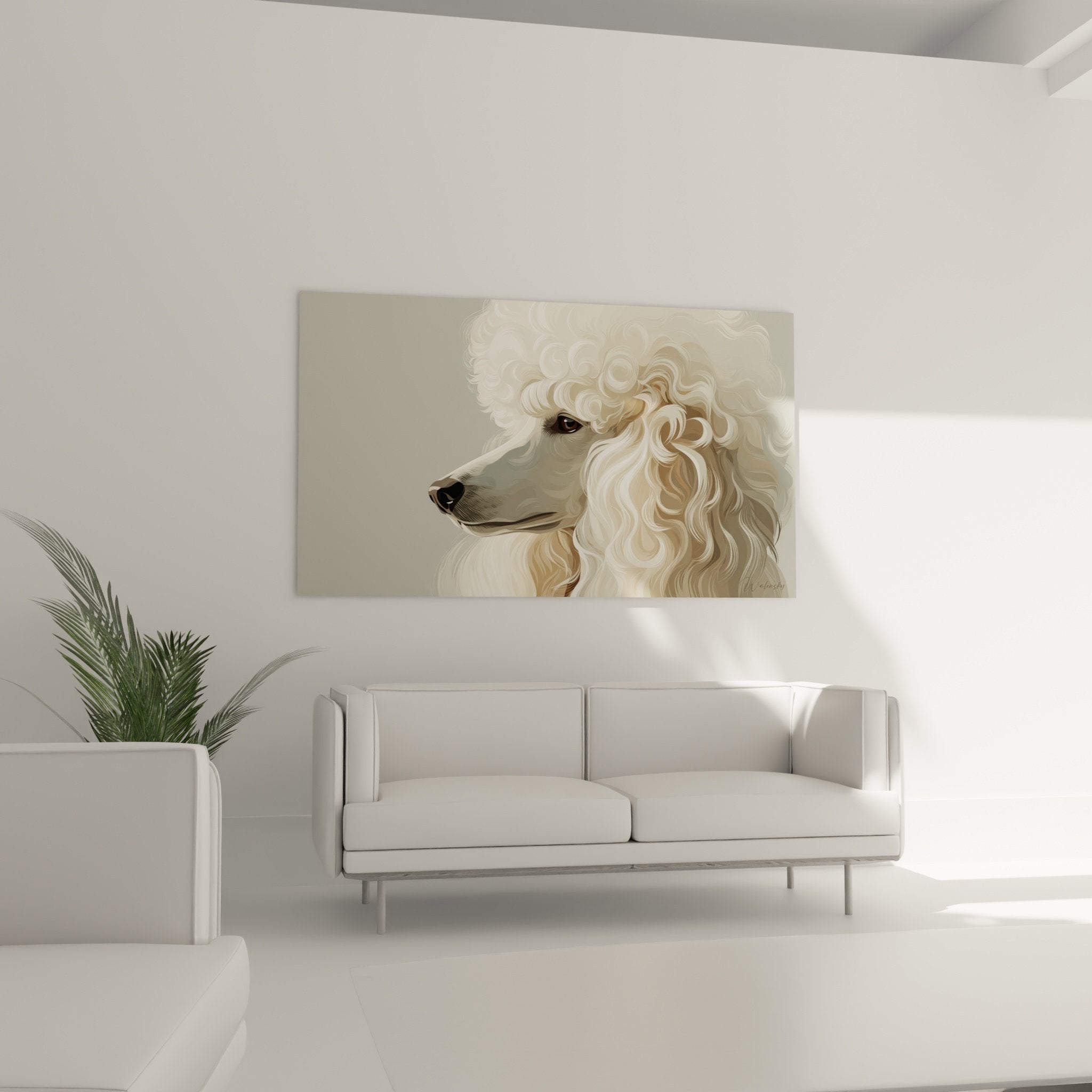 Gros plan sur les détails des boucles dorées et blanches du pelage du caniche peint