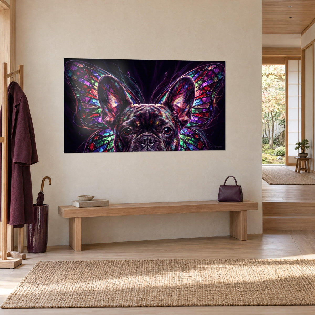 Wall art dog with upright ears and red and turquoise stained glass wings, dark background, hung near a wooden bench and a coat rack