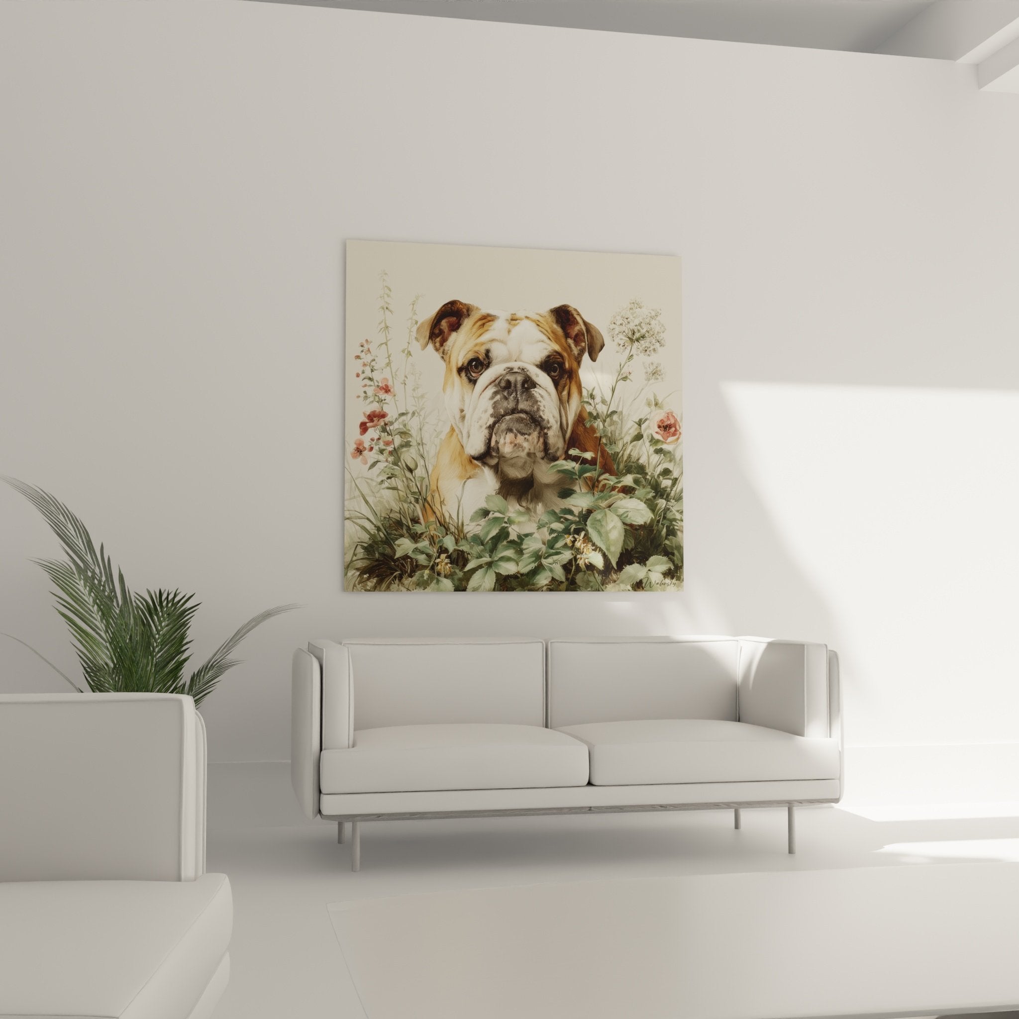 English Bulldog fawn and white coat portrait detail with delicate roses and green foliage floral composition