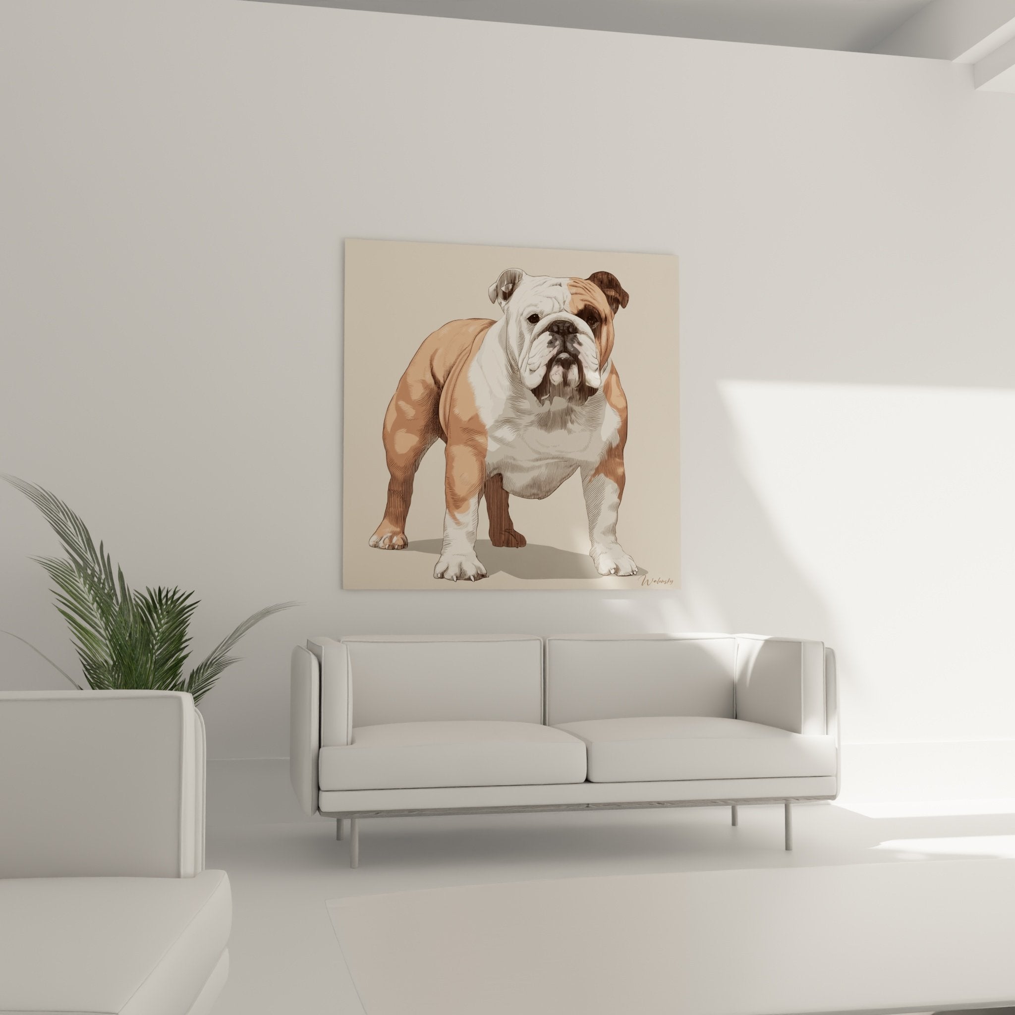 Detail illustration Bouledogue Anglais technique gravure moderne nuances beiges grises texture realiste