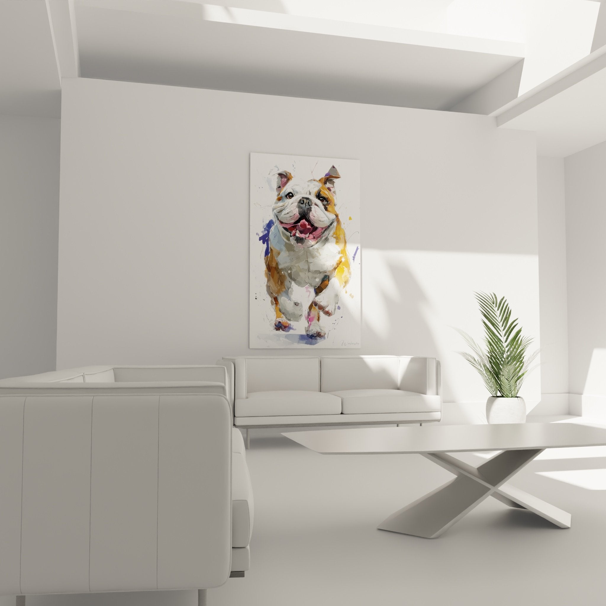 Détail aquarelle bouledogue anglais gueule ouverte langue rose avec projections de couleurs artistiques