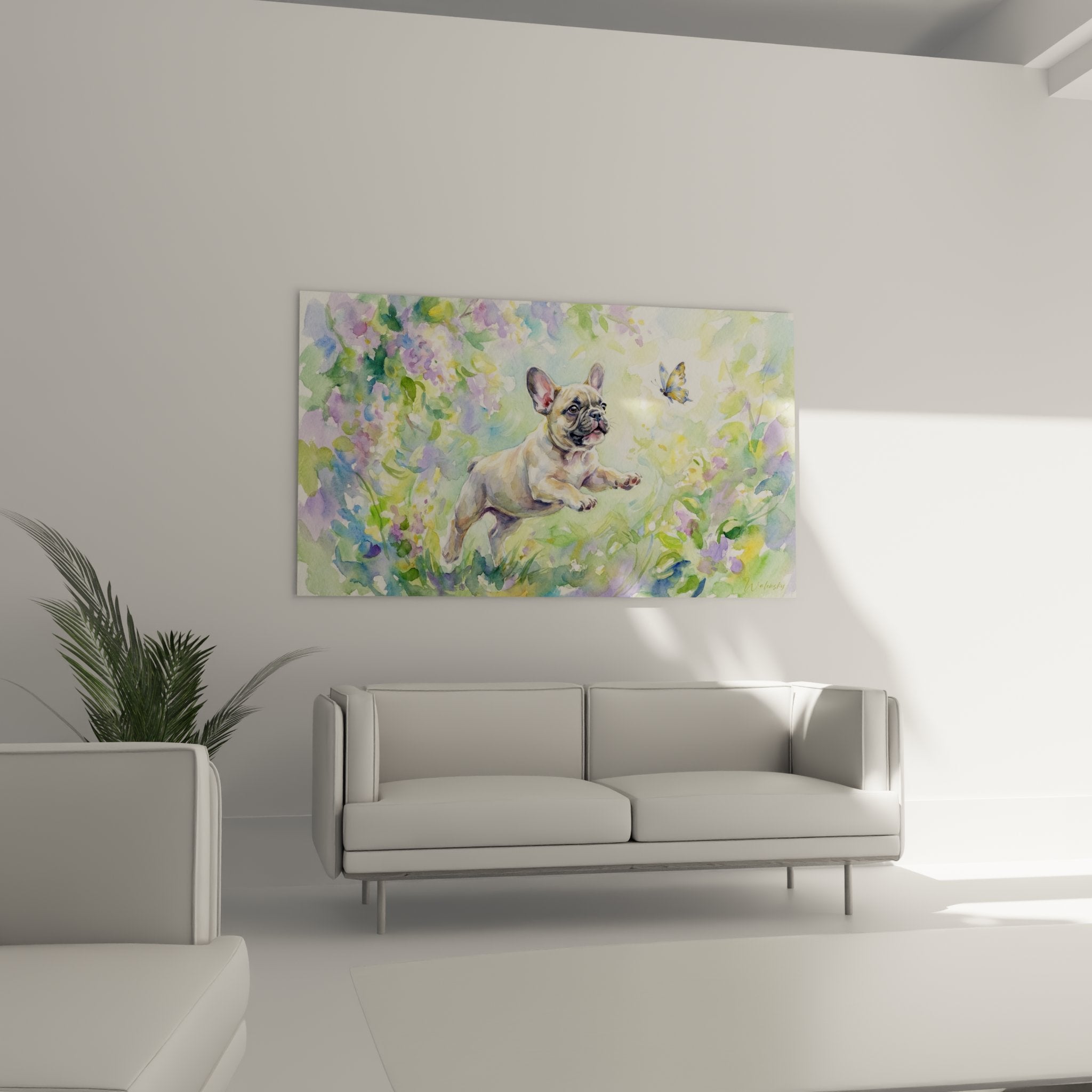 detailaquarell französische bulldogge creme freudiger ausdruck violette blumen maltechnik