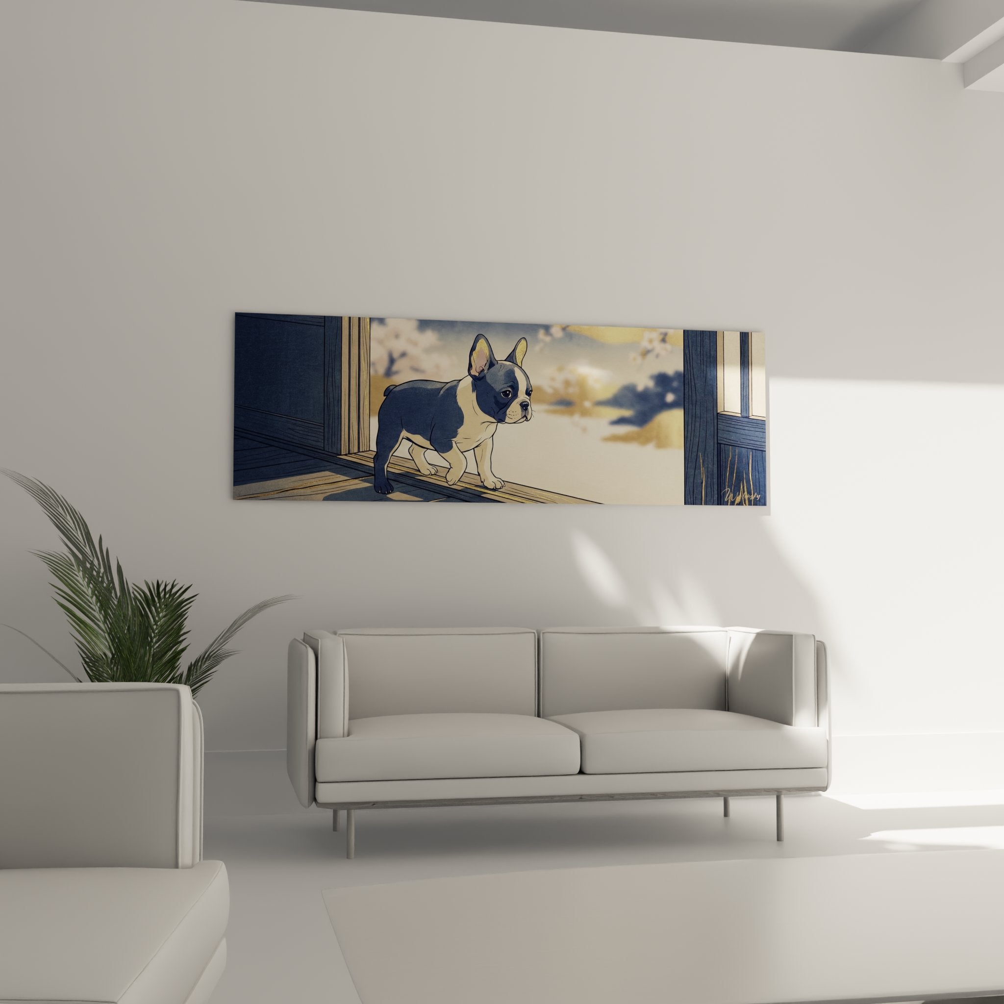 Detail tableau bouledogue francais robe bicolore bleu ardoise blanc expression tendre oreilles dressees