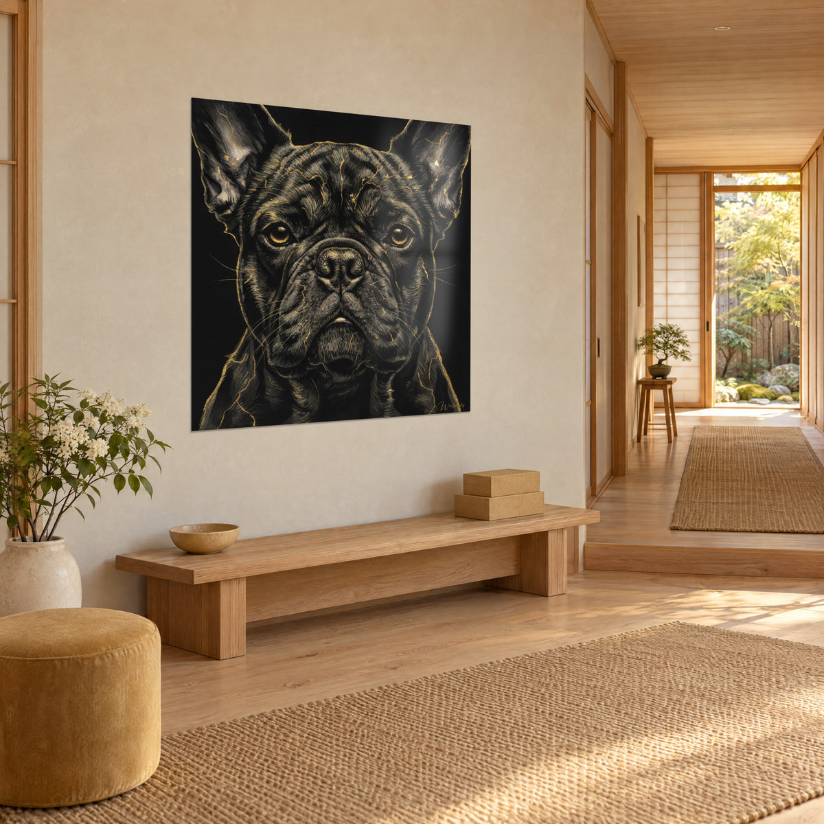 Schilderij van een hond met barnsteenkleurige ogen en gerimpelde snuit, zwarte achtergrond met gouden lijnen, driekwart zicht naast een bank van licht hout