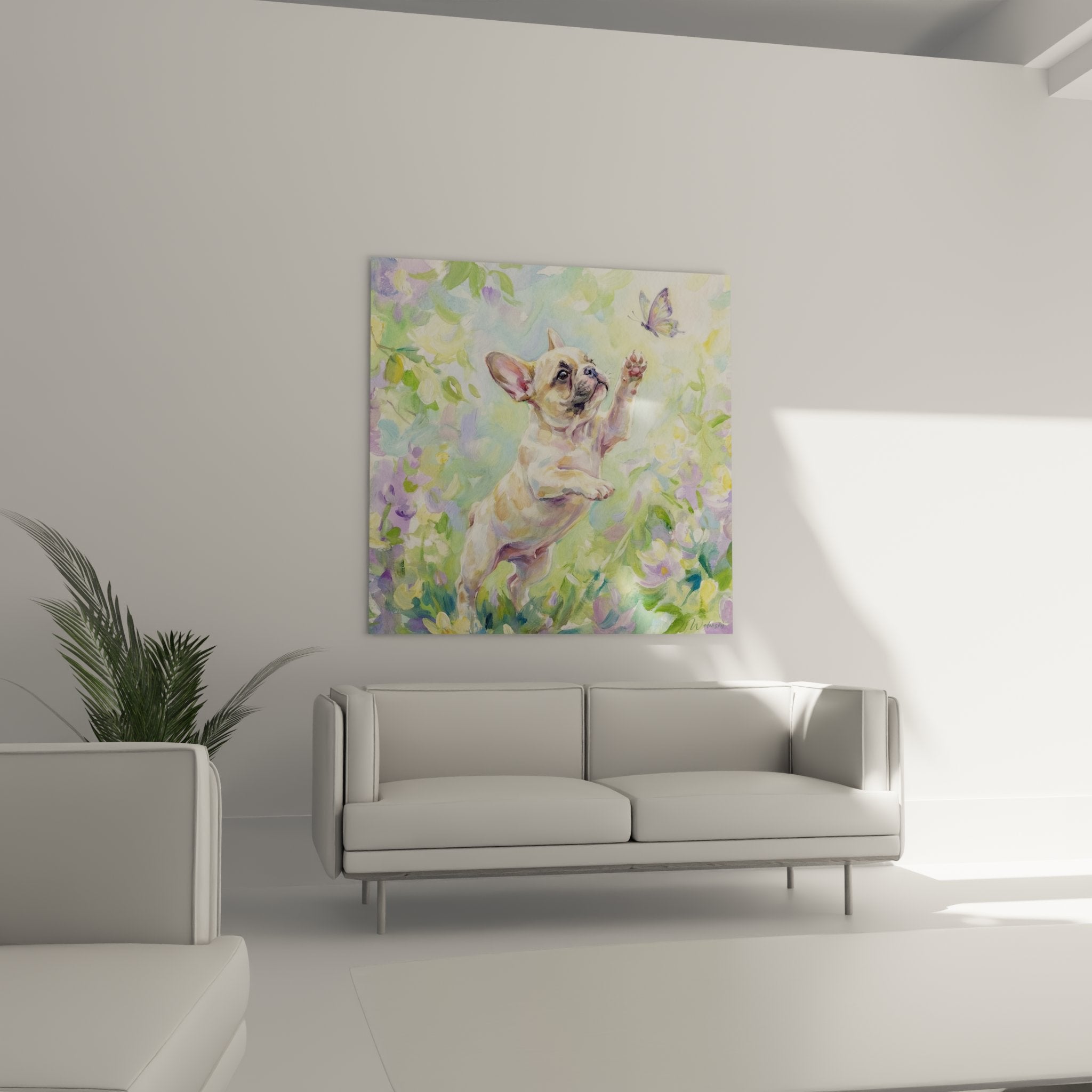 detailbild französische bulldogge hob pfote lila gelber schmetterling aquarelltechnik