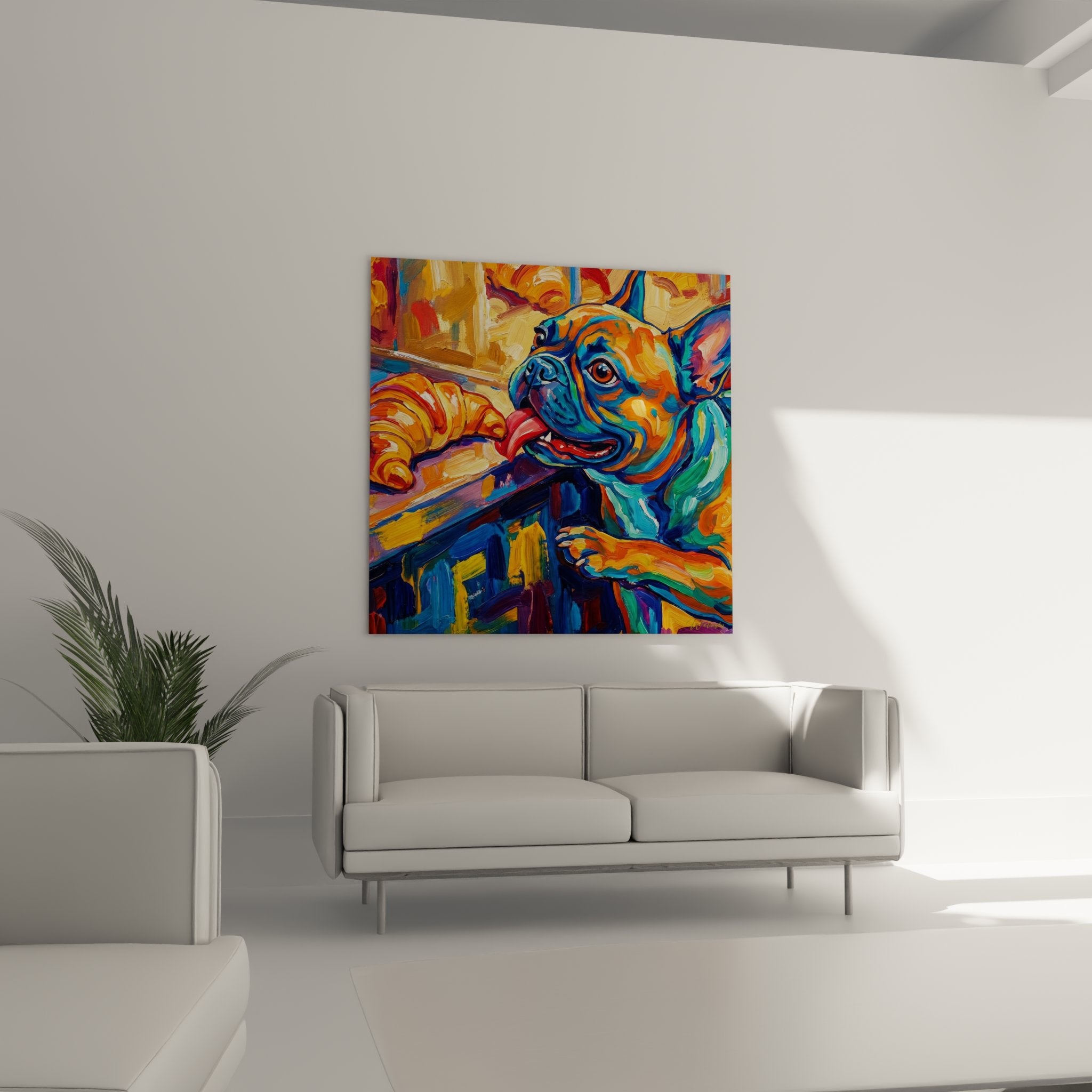 detail tableau bouledogue francais peinture empate couleurs vives orange turquoise