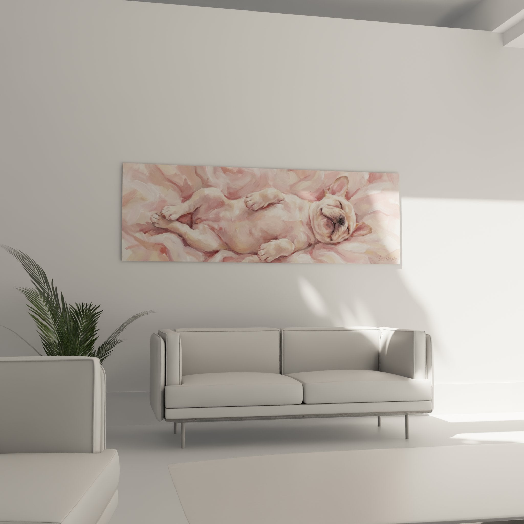 Détail tableau bouledogue français peinture rose poudré style impressionniste