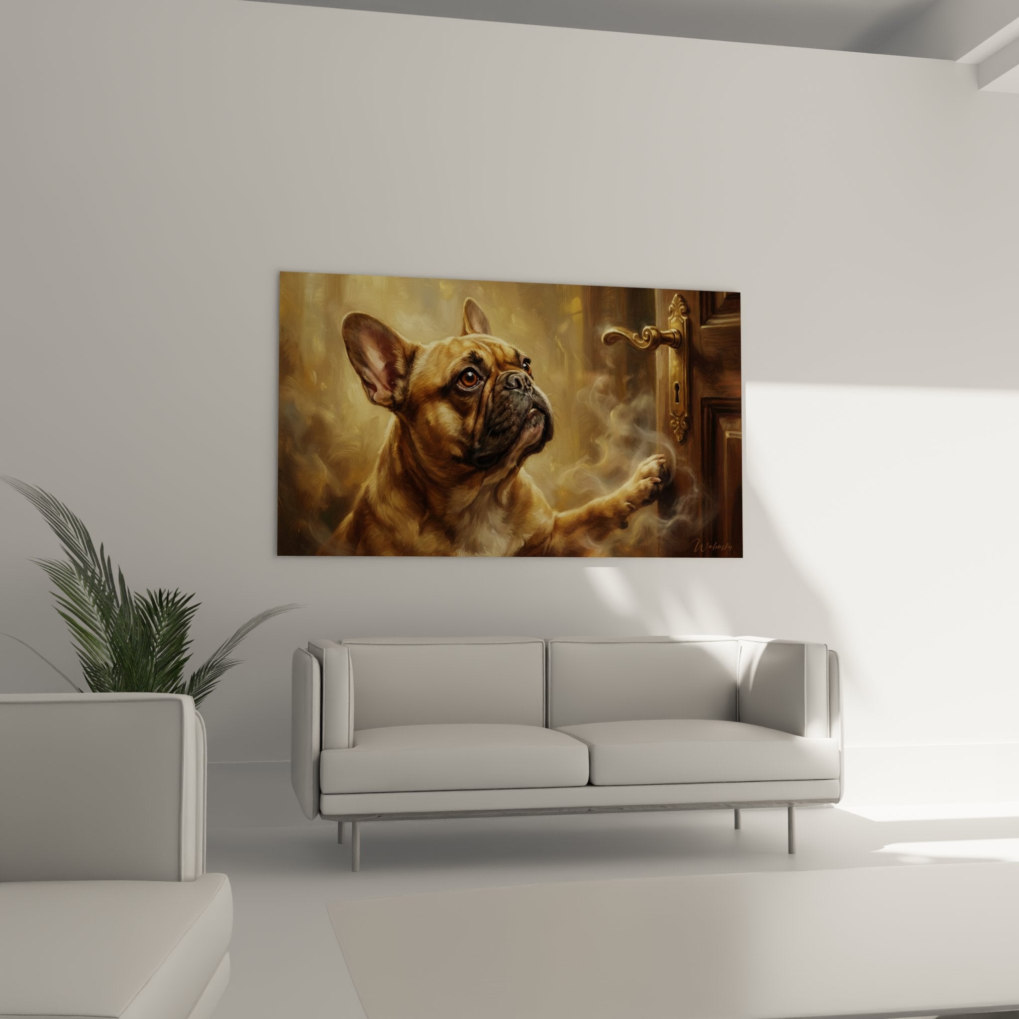 Detail Gemälde französische Bulldogge Rehfarbenes Fell Bernsteinaugen vergoldete Türgriffe ornamentale realistische Malerei