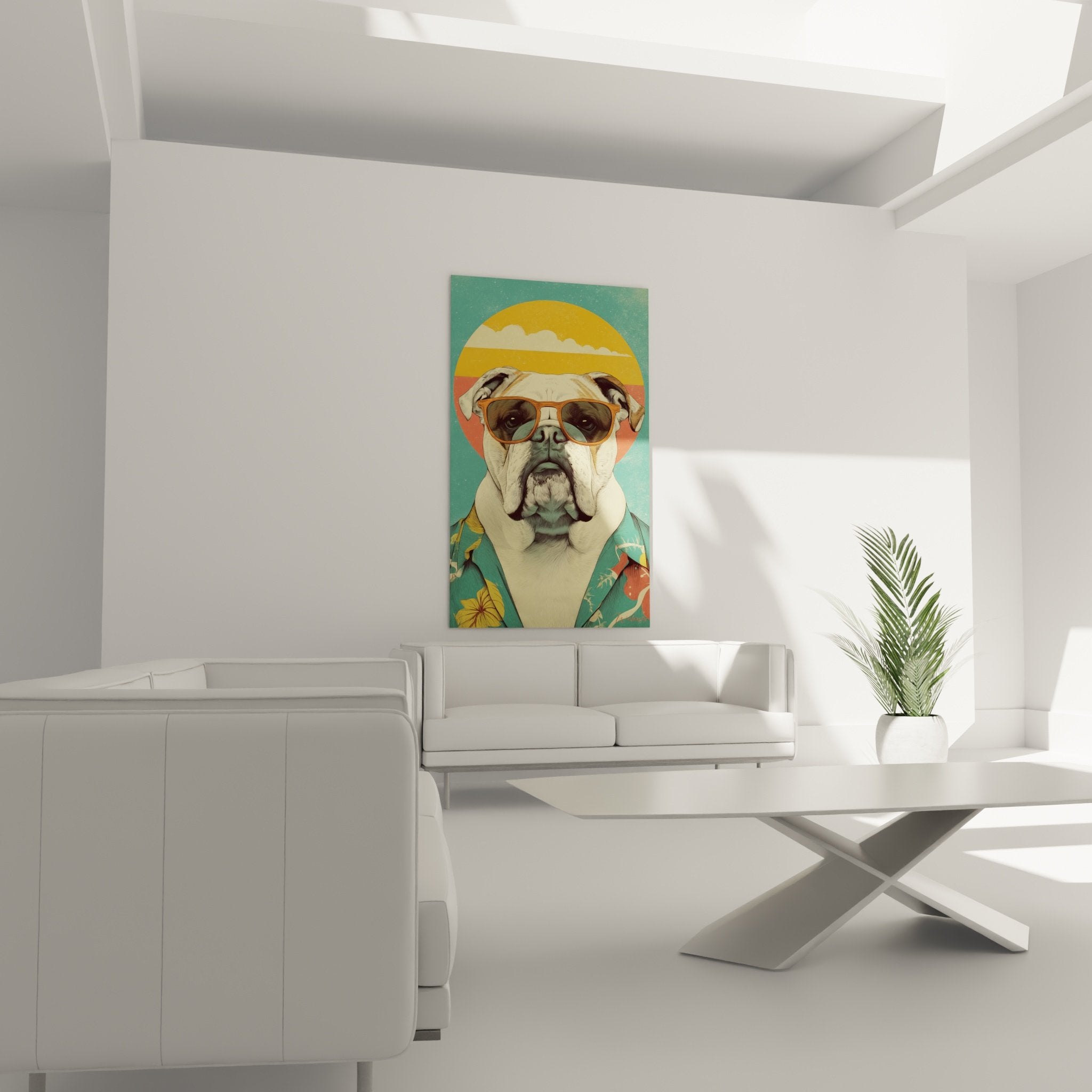 Détail portrait bouledogue anglais lunettes dorées pelage crème motifs floraux chemise turquoise