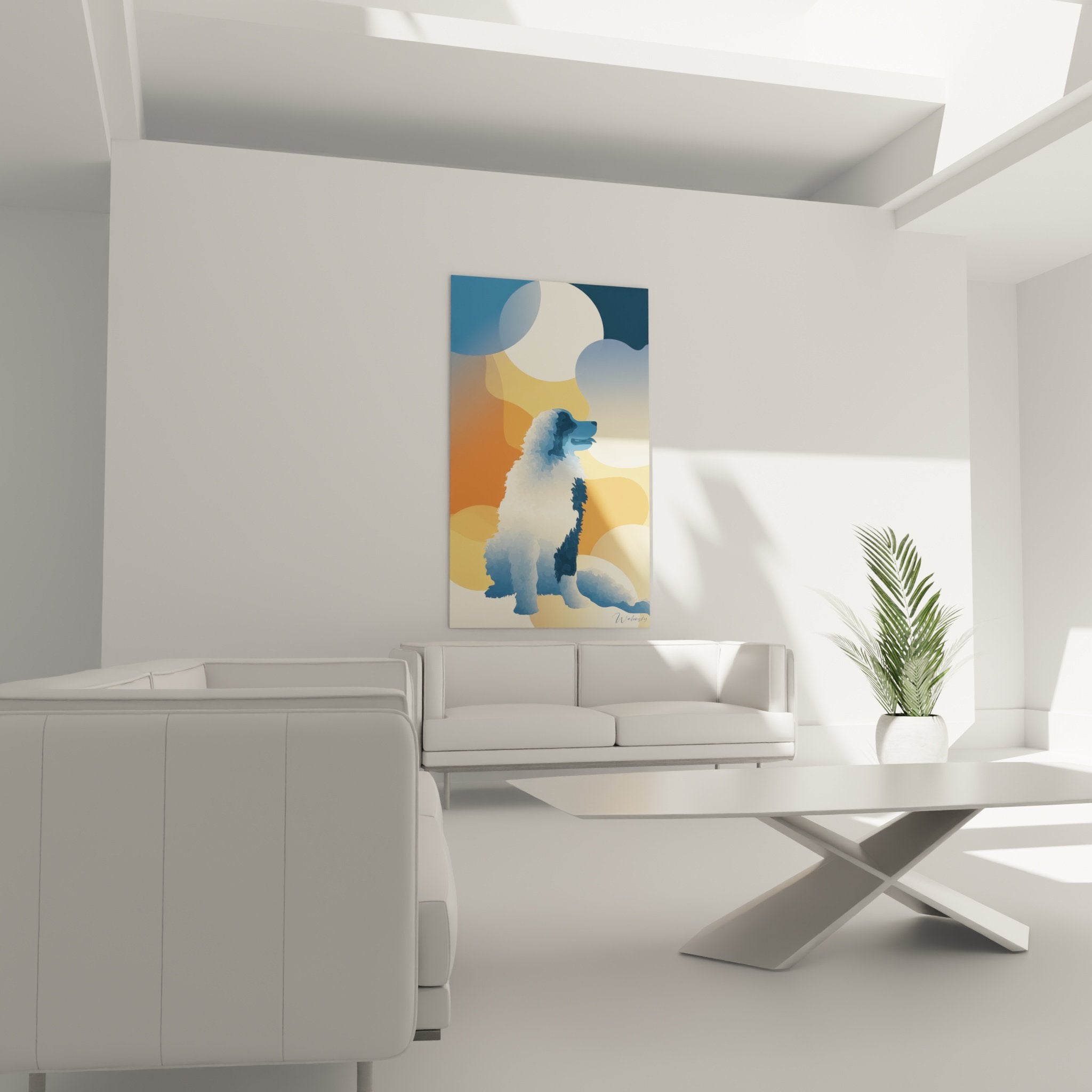 Bernese Mountain Dog artwork detail blue nuances orange circular shapes wall art