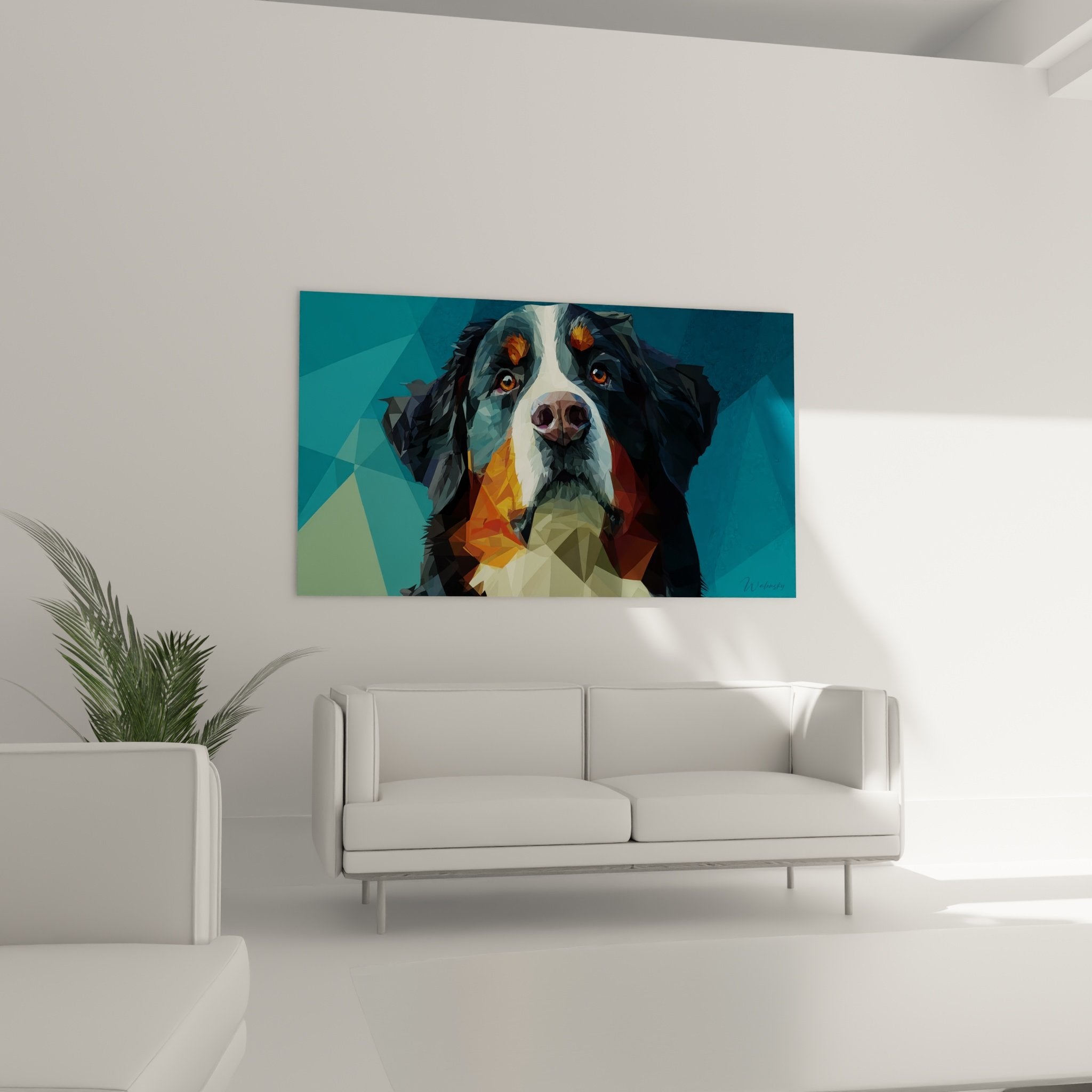 Nahaufnahme künstlerisches Porträt dreifarbiger Hund ausdrucksstarke Augen geometrische Technik
