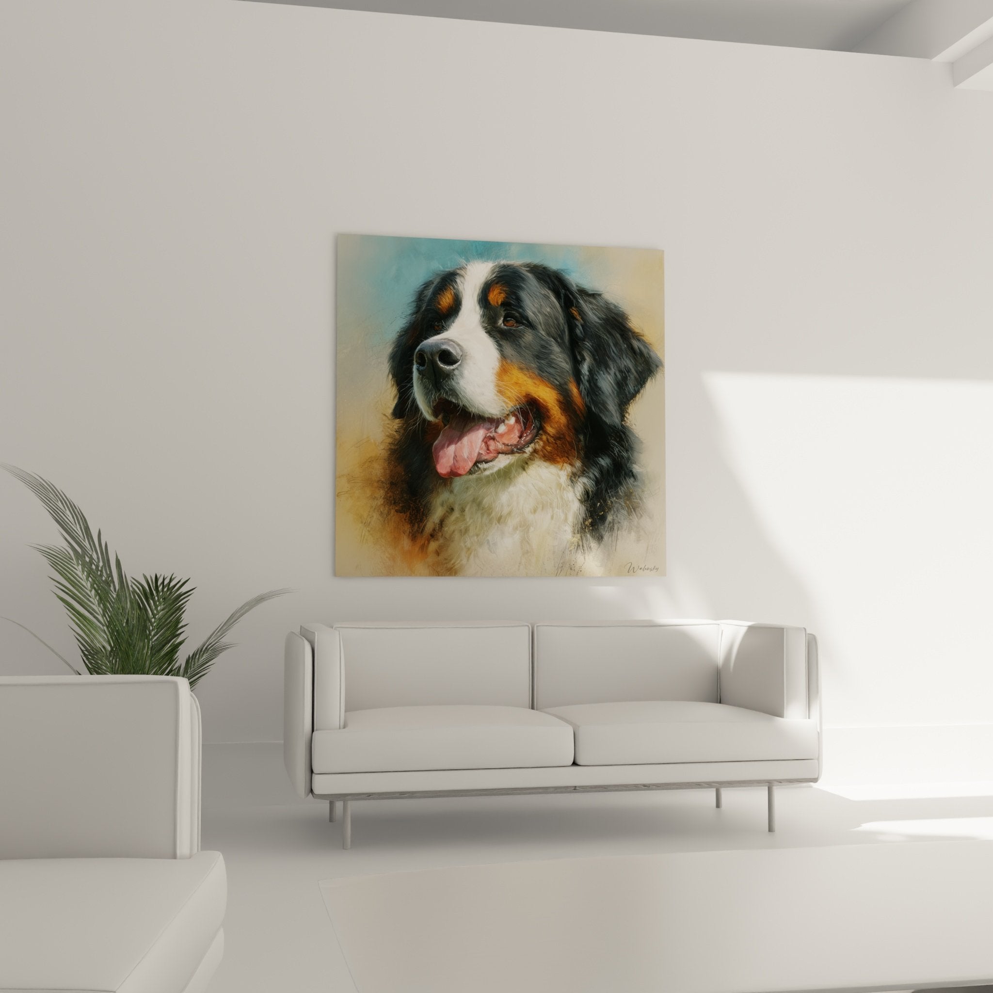 Gros plan portrait Bouvier Bernois détails pelage tricolore technique picturale réaliste œuvre artistique