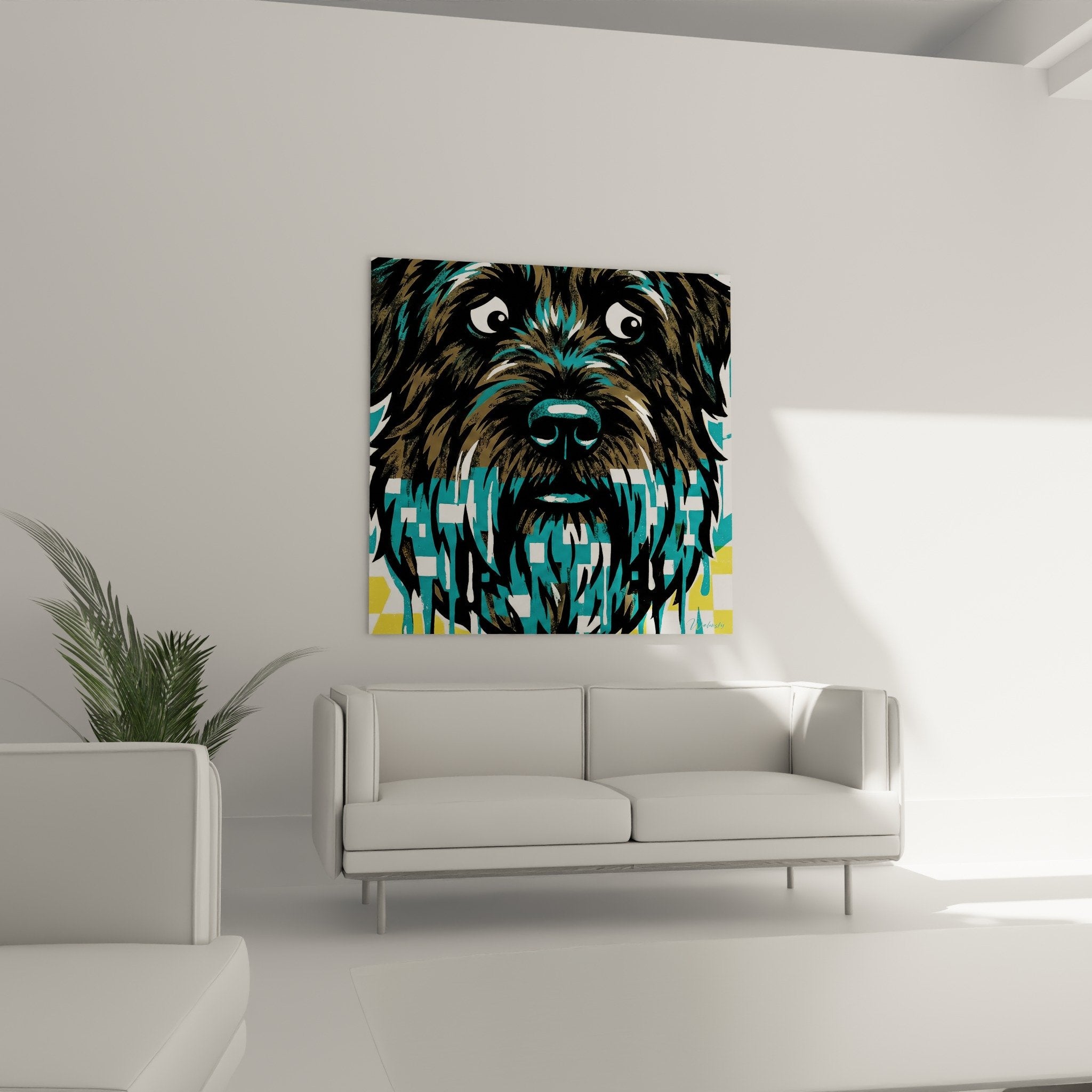 Detail portrait chien stylise rayures turquoise blanches yeux expressifs art contemporain