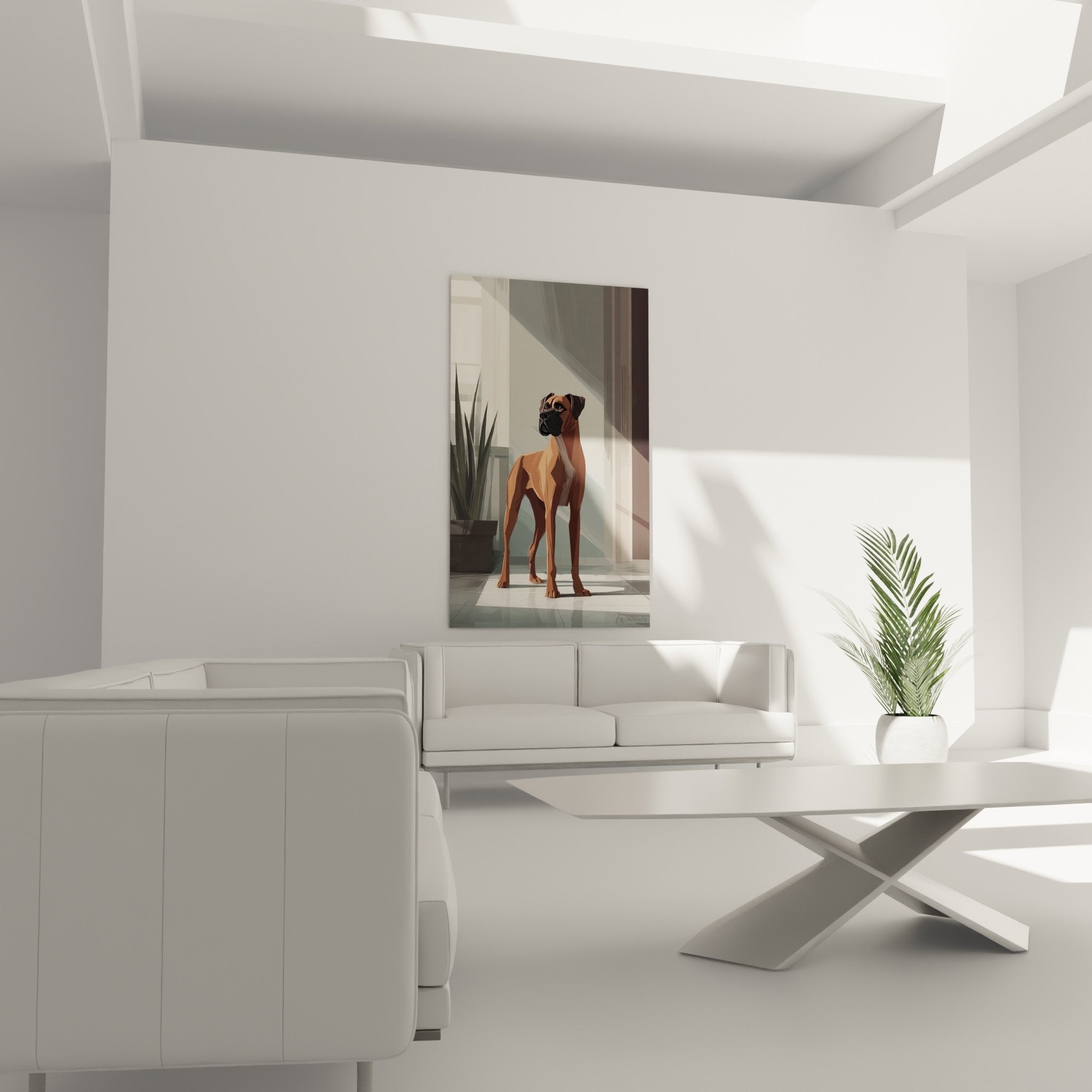 Détail gros plan Boxer géométrique facettes colorées terracotta technique low poly art contemporain expressif