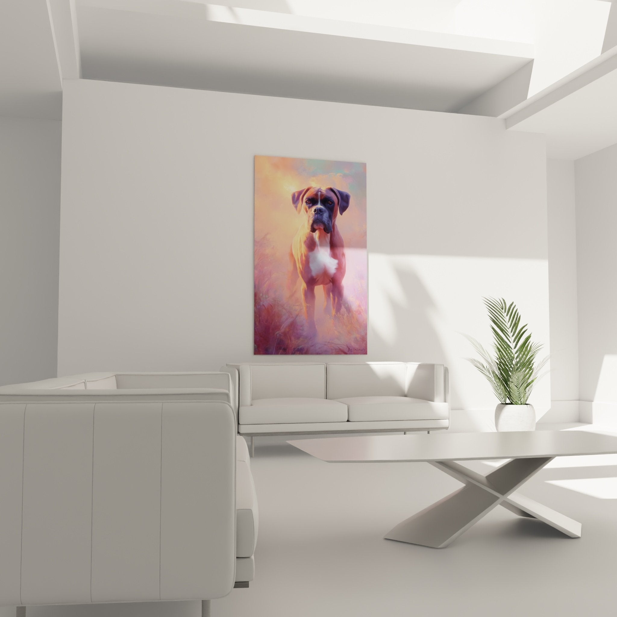 Gros plan tableau boxer details pelage fauve lumiere doree effets artistiques peinture contemporaine