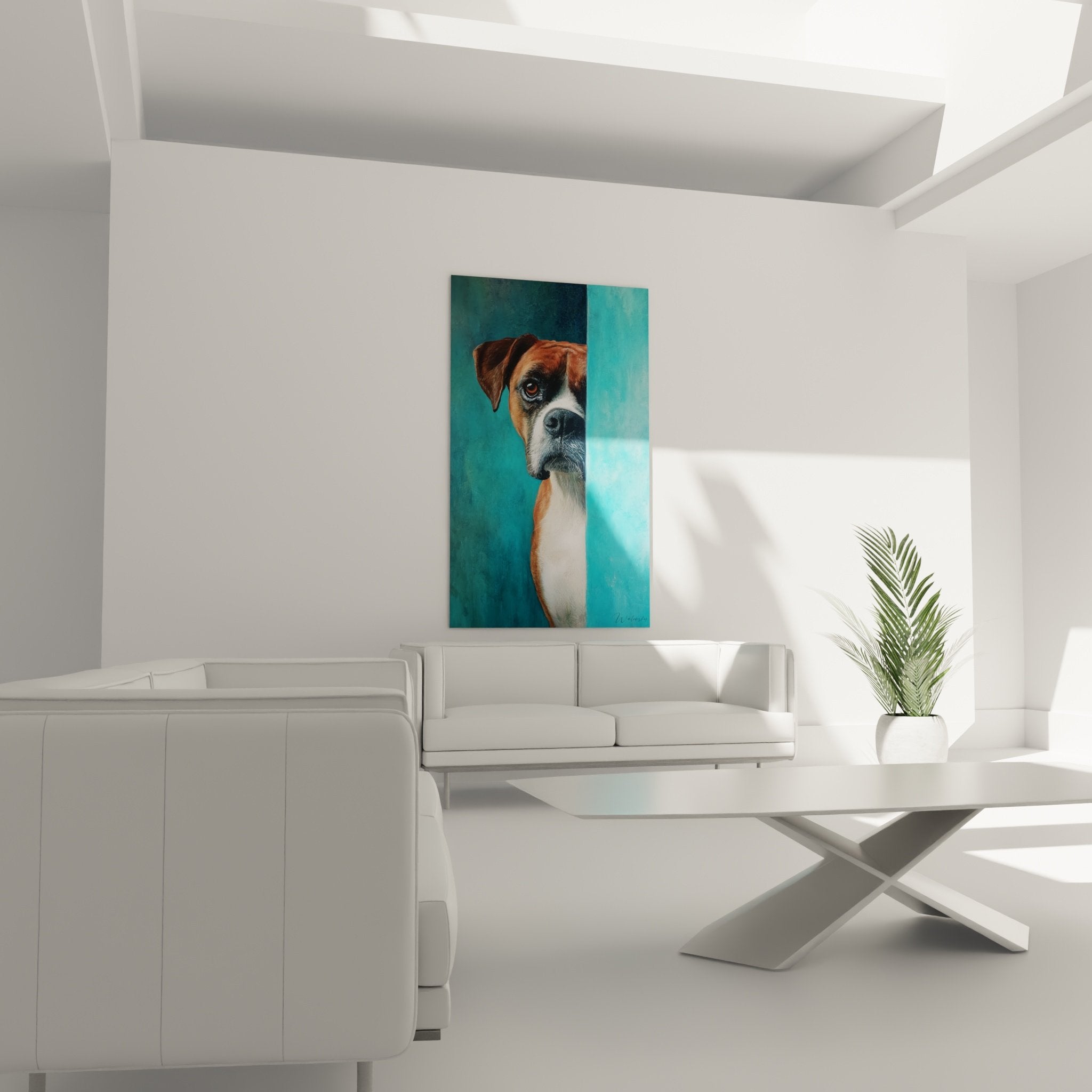 Close-up Boxer dog with amber eyes tender expression tricolor coat details realistic artistic technique