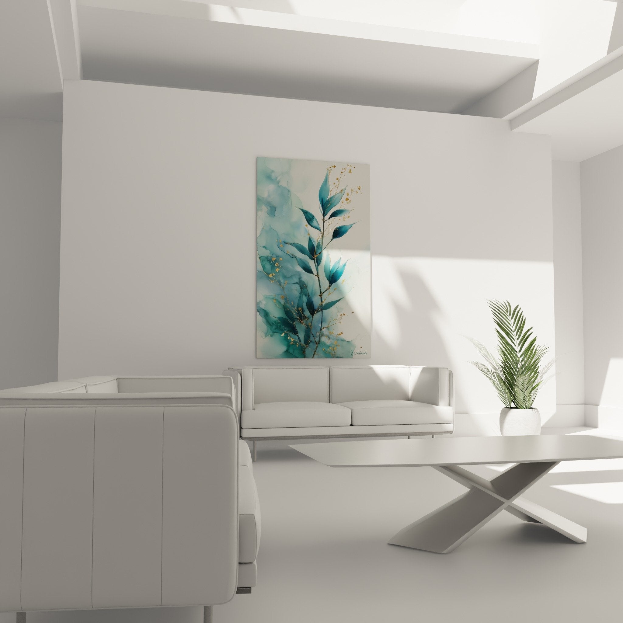 Detail branches bleues feuilles aquarelle accents dores peinture feng shui nord eau closeup