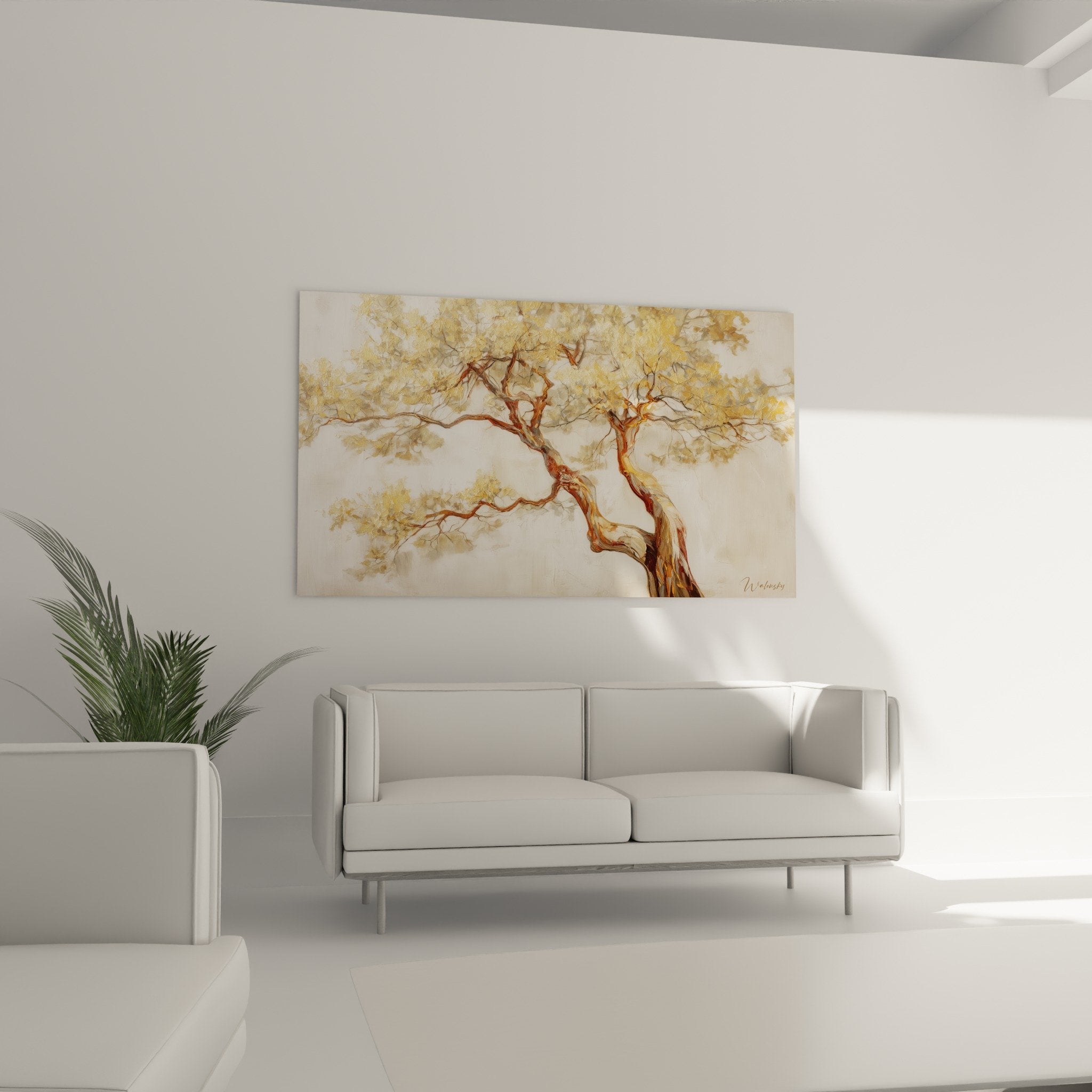 Détail branches dorées arbre de vie, texture picturale délicate aux nuances caramel et ambrées