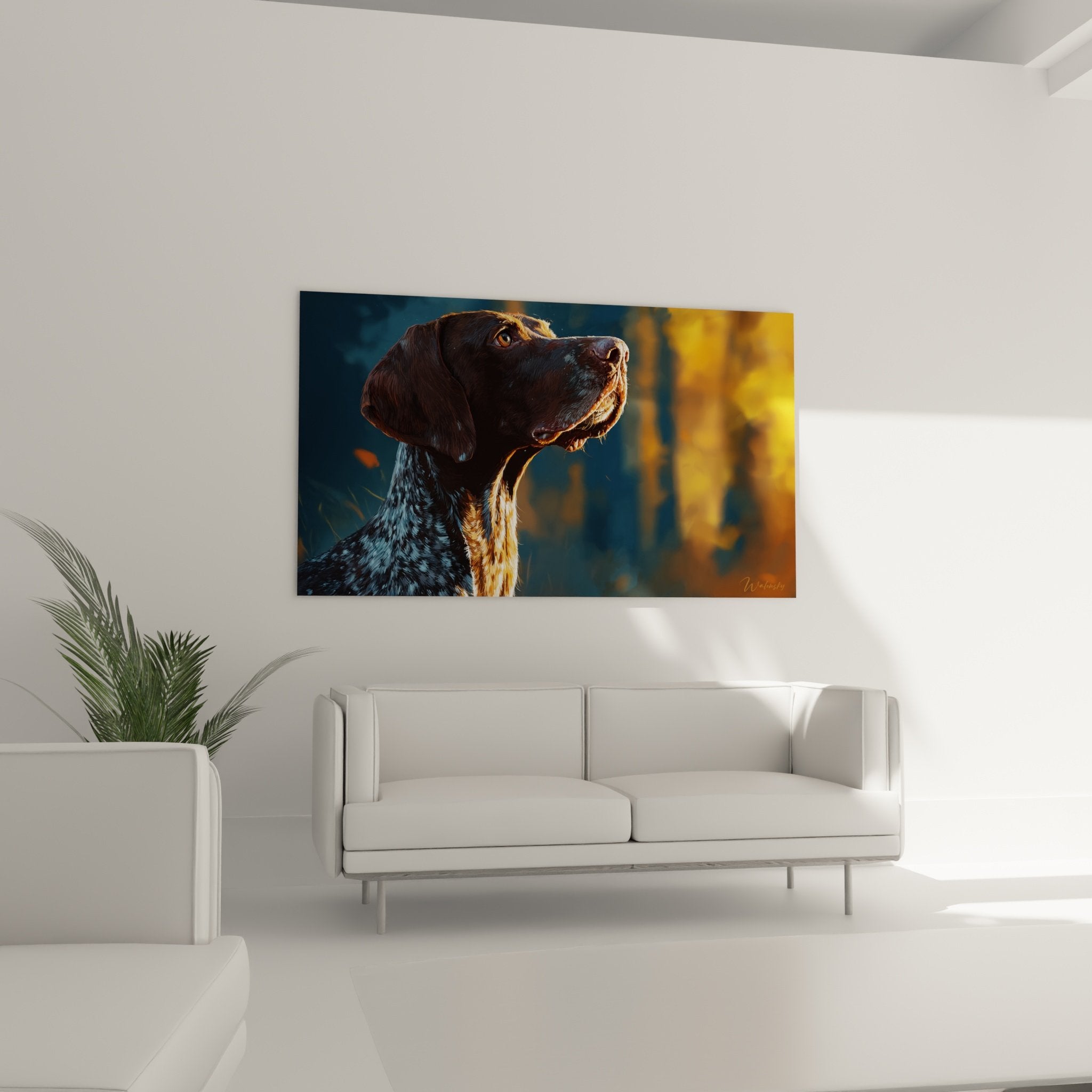 Détail portrait Braque Allemand éclairage doré pelage moucheté regard noble œuvre art animalier