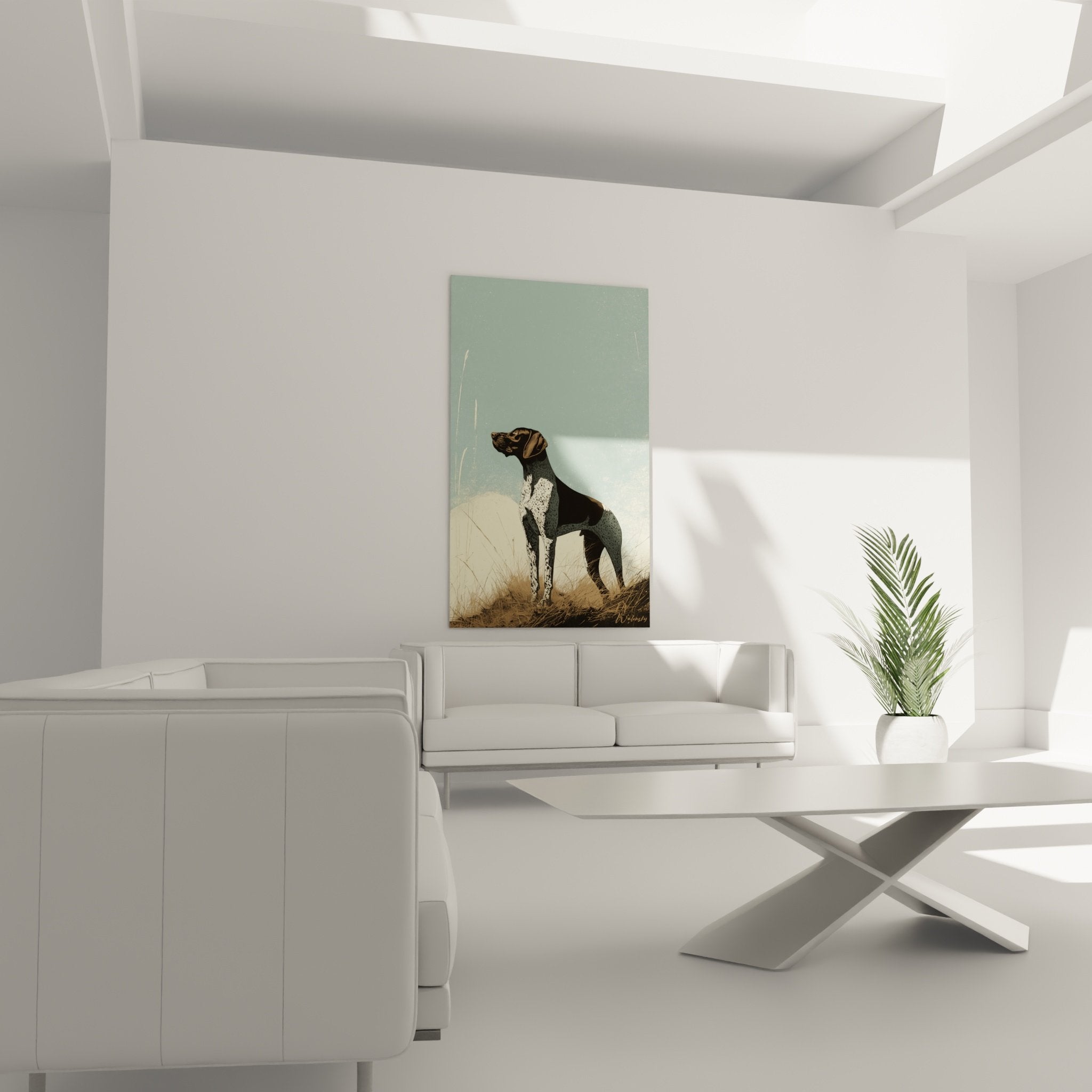 Detail peinture braque allemand pelage mouchete noir blanc sur fond vert tendre artistique