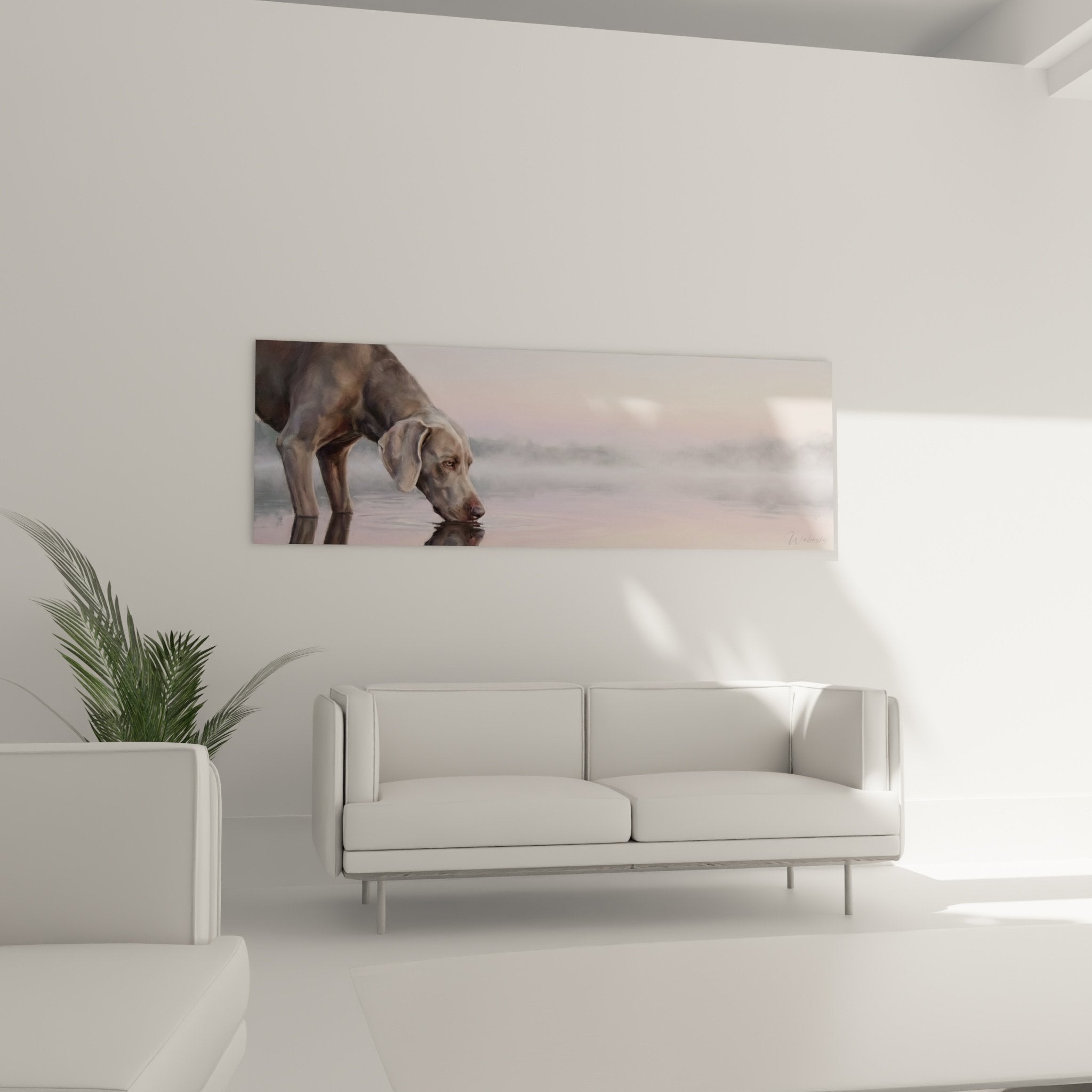 Detail proche braque weimar tete baissee buvant eau reflets dores roses technique impressionniste lumiere crepusculaire