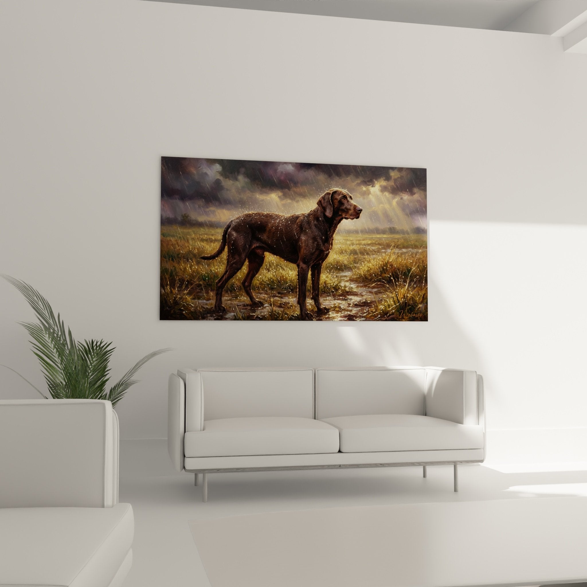 Detail tableau Braque de Weimar sous averse, gouttes pluie dorée sur pelage chocolat, technique artistique realiste