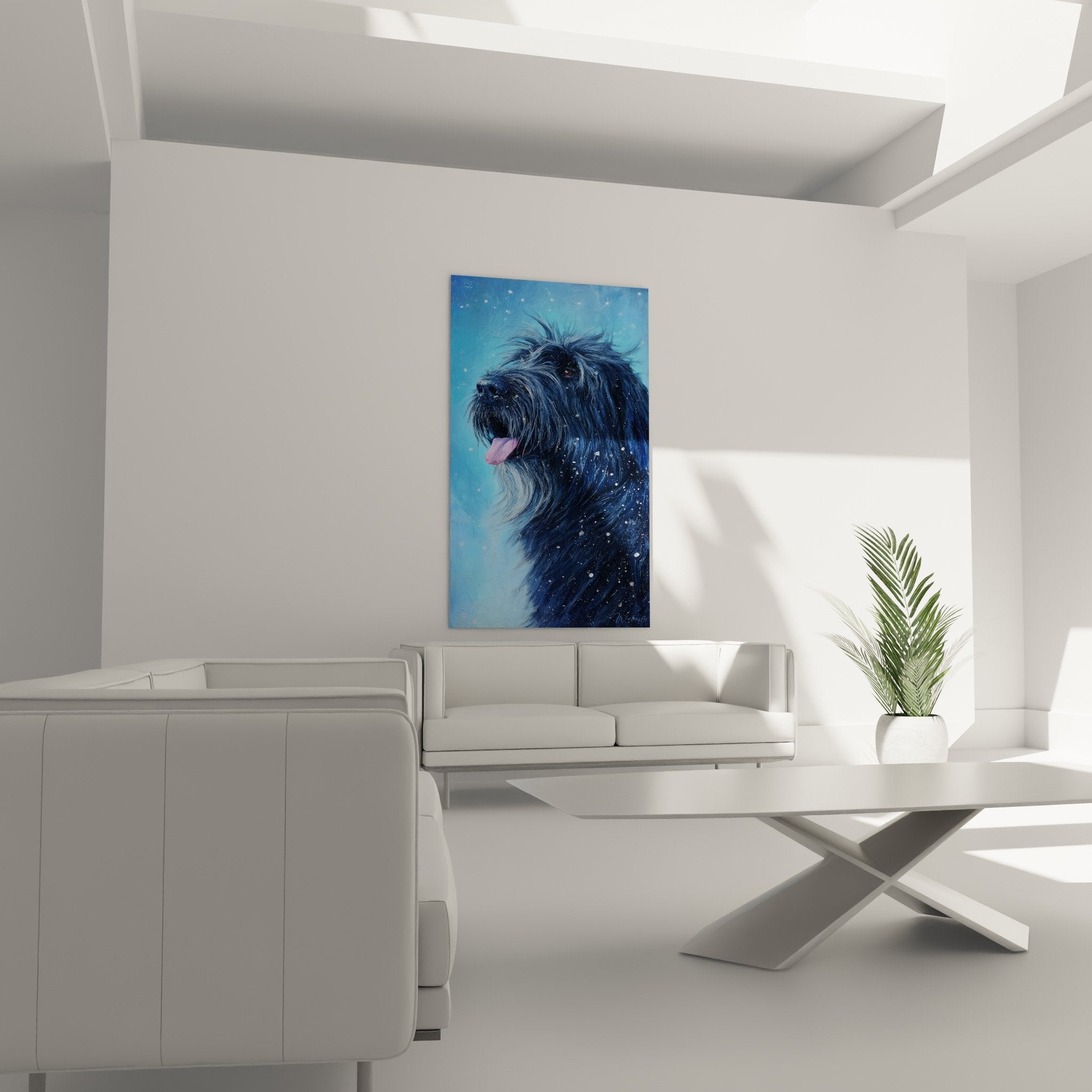 Détail rapproché portrait Briard noir, yeux ambrés expressifs, flocons de neige, pelage texturé ébouriffé