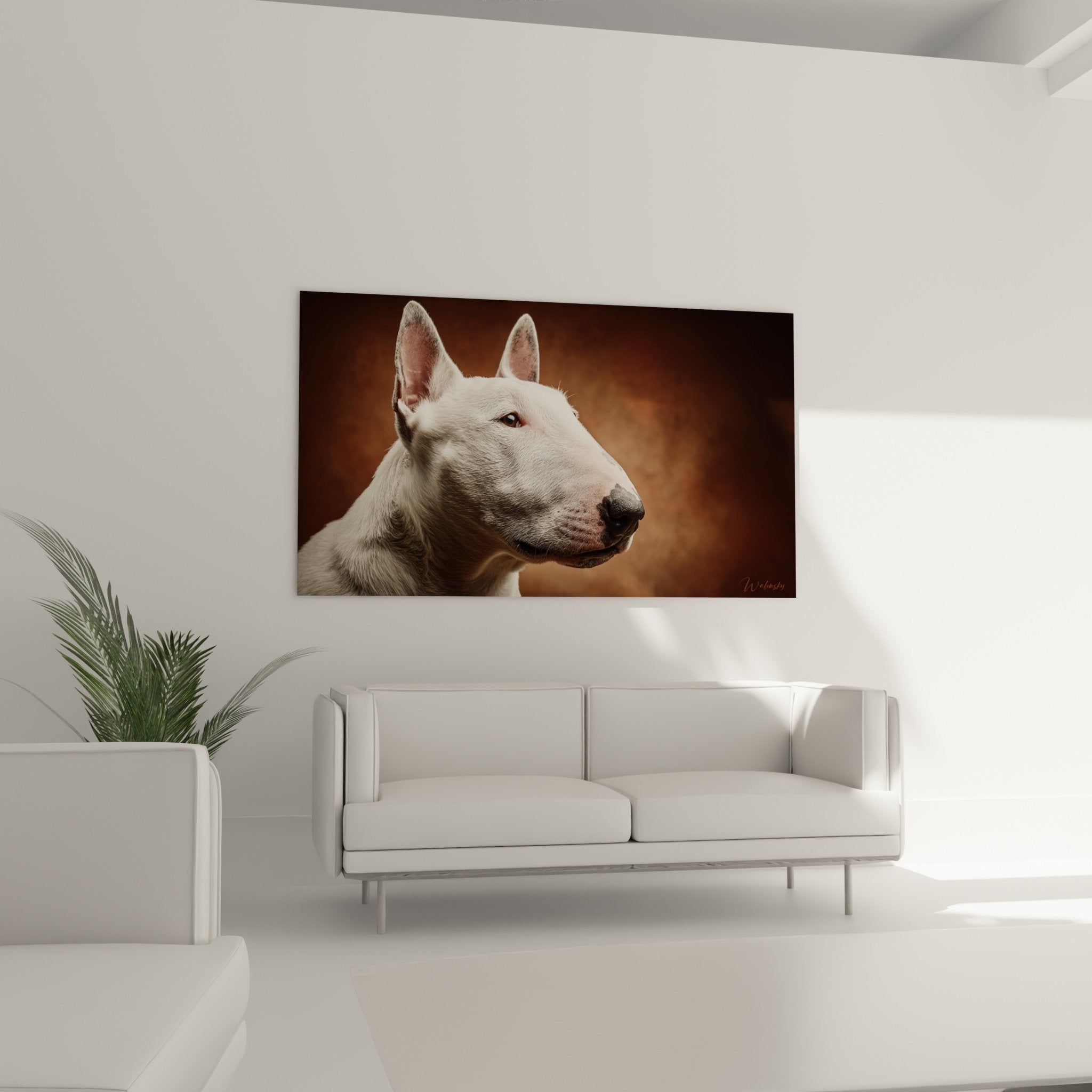 Detail portrait bull terrier blanc museau profil pelage texture realiste regard perçant artistique