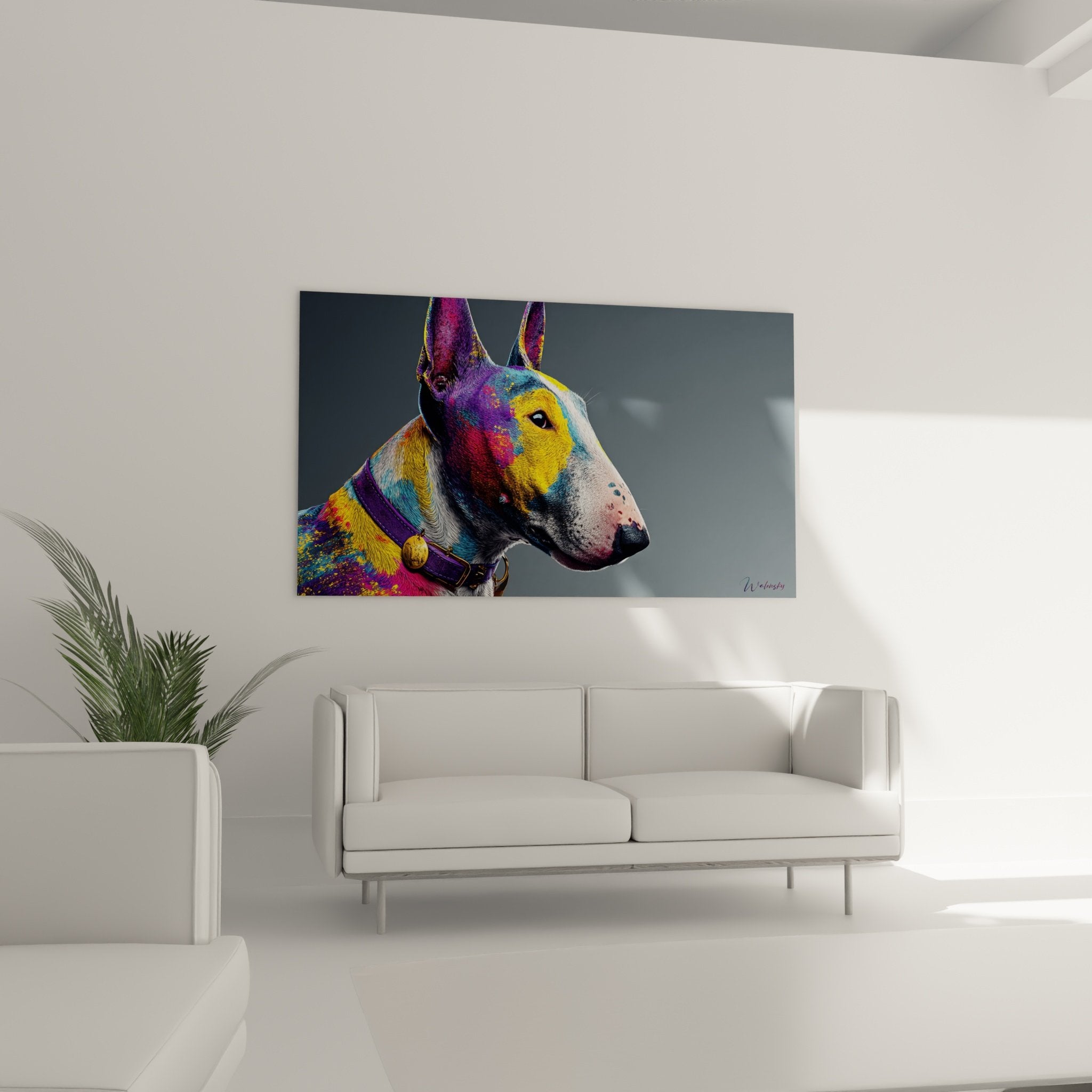 Detailporträt Bull Terrier mit lebhaften Farbverläufen, goldenem Auge, künstlerischem Fell in Violett und Blau