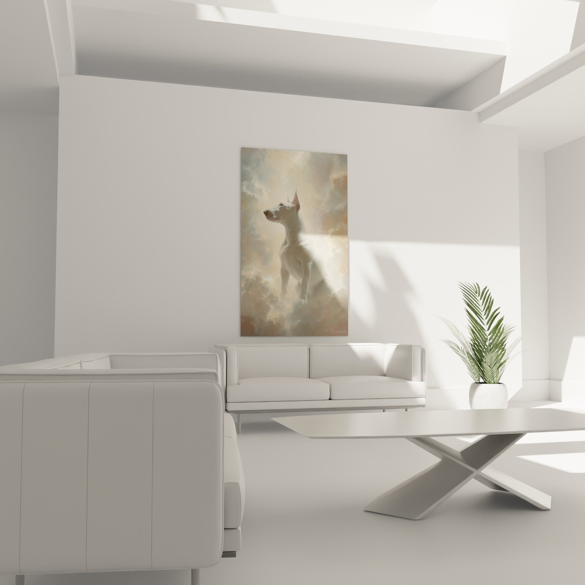 Detail tableau bull terrier blanc pelage immacule nuages ambre dores lumiere celeste
