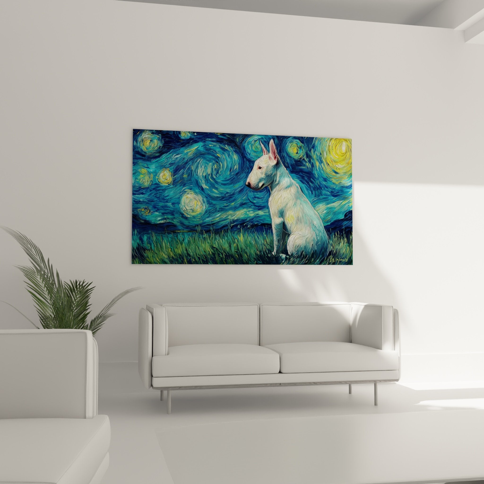 detail bull terrier blanc pelage tourbillons bleus turquoise spirales dorees art post impressionniste