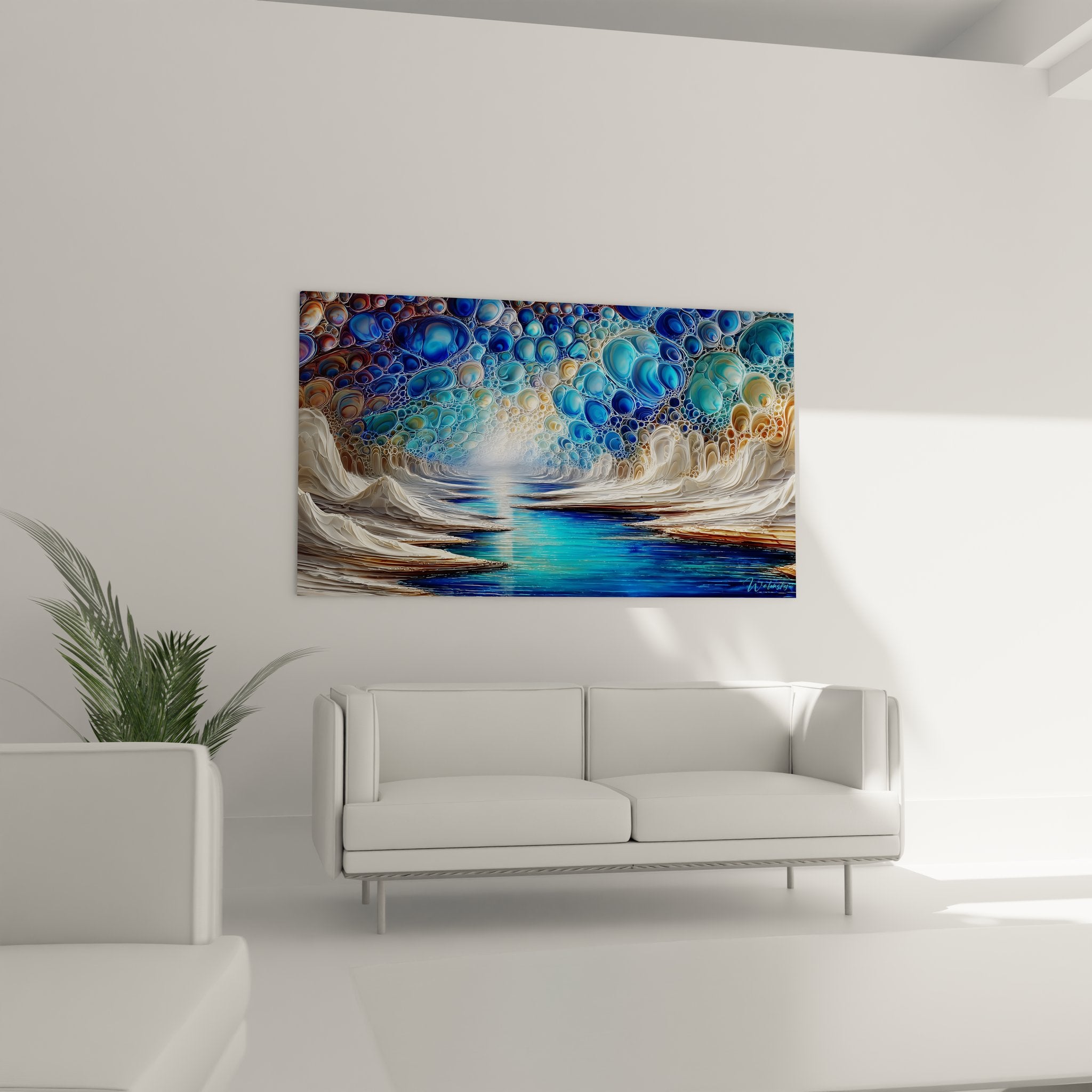 Gros plan détail bulles cristallines tableau vague abstraite reflets nacrés art contemporain océan