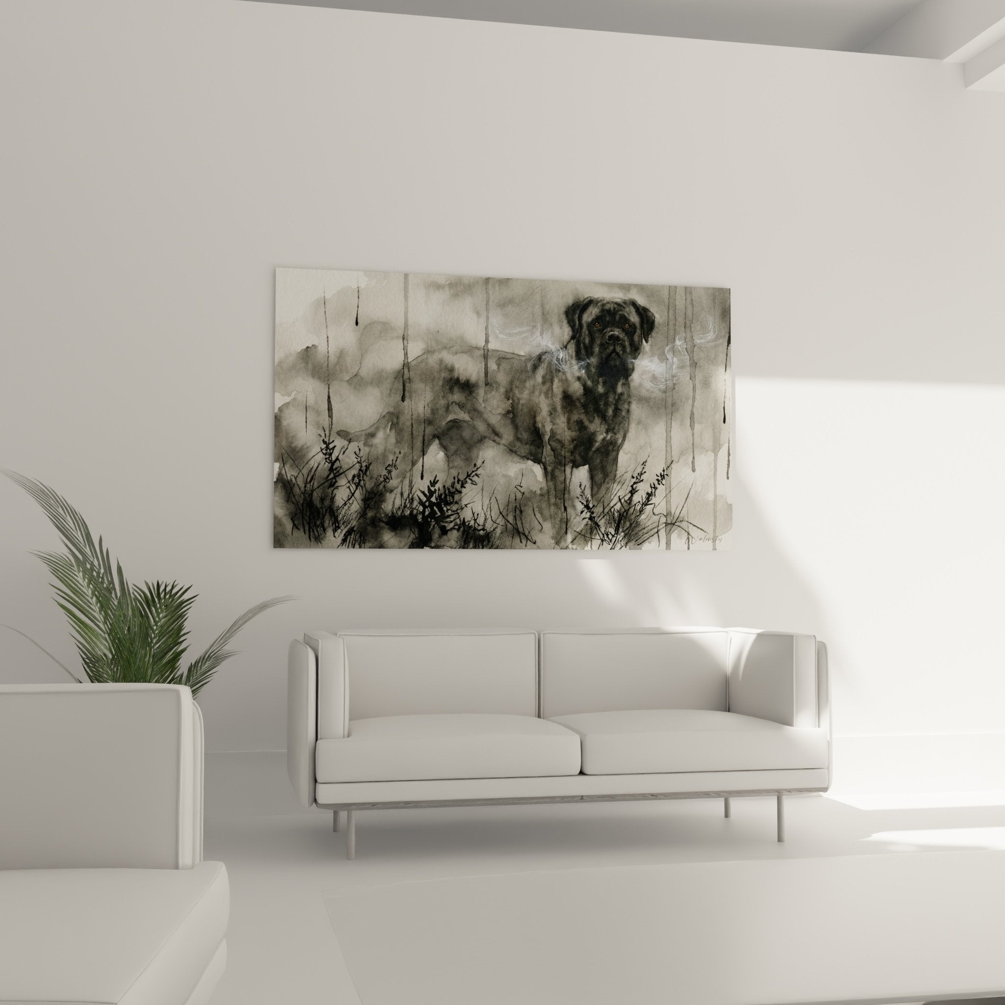 Detail aquarelle Bullmastiff yeux dores expression melancolique technique peinture coulures pluie grise